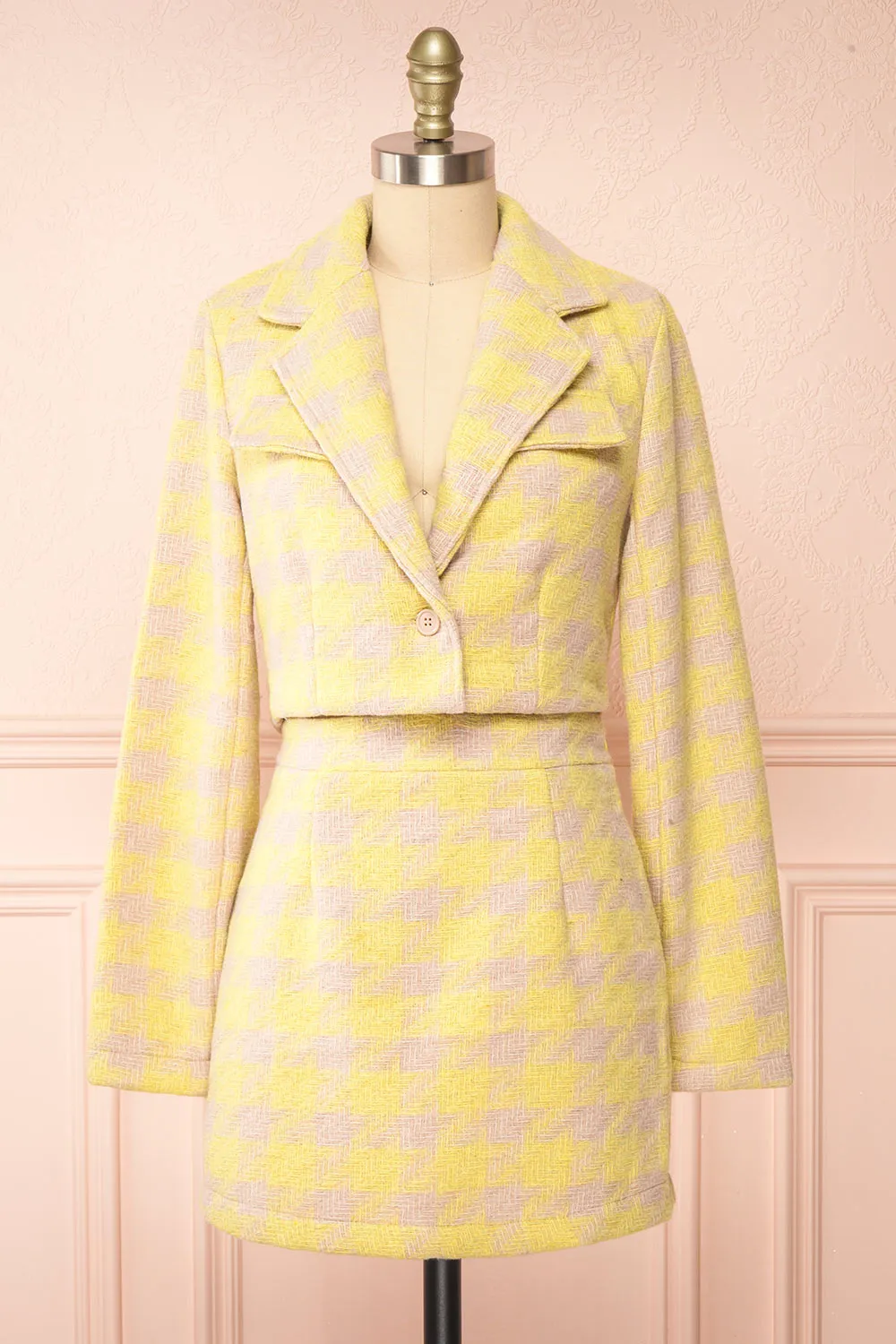 Set Lanajane Yellow | Houndstooth Cropped Blazer and Skirt