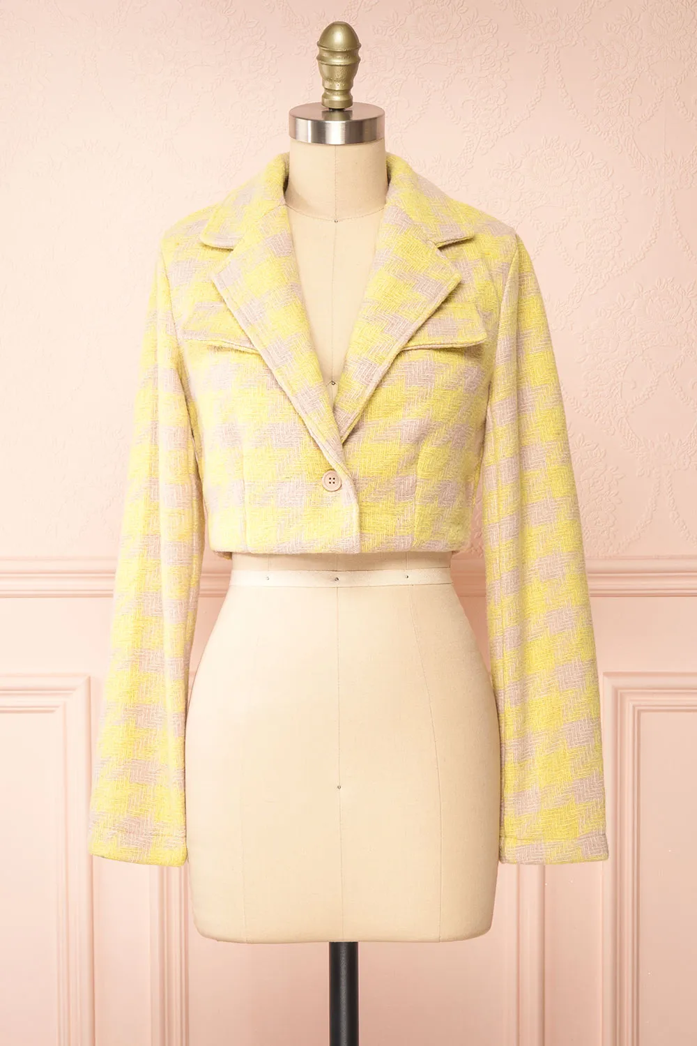 Set Lanajane Yellow | Houndstooth Cropped Blazer and Skirt