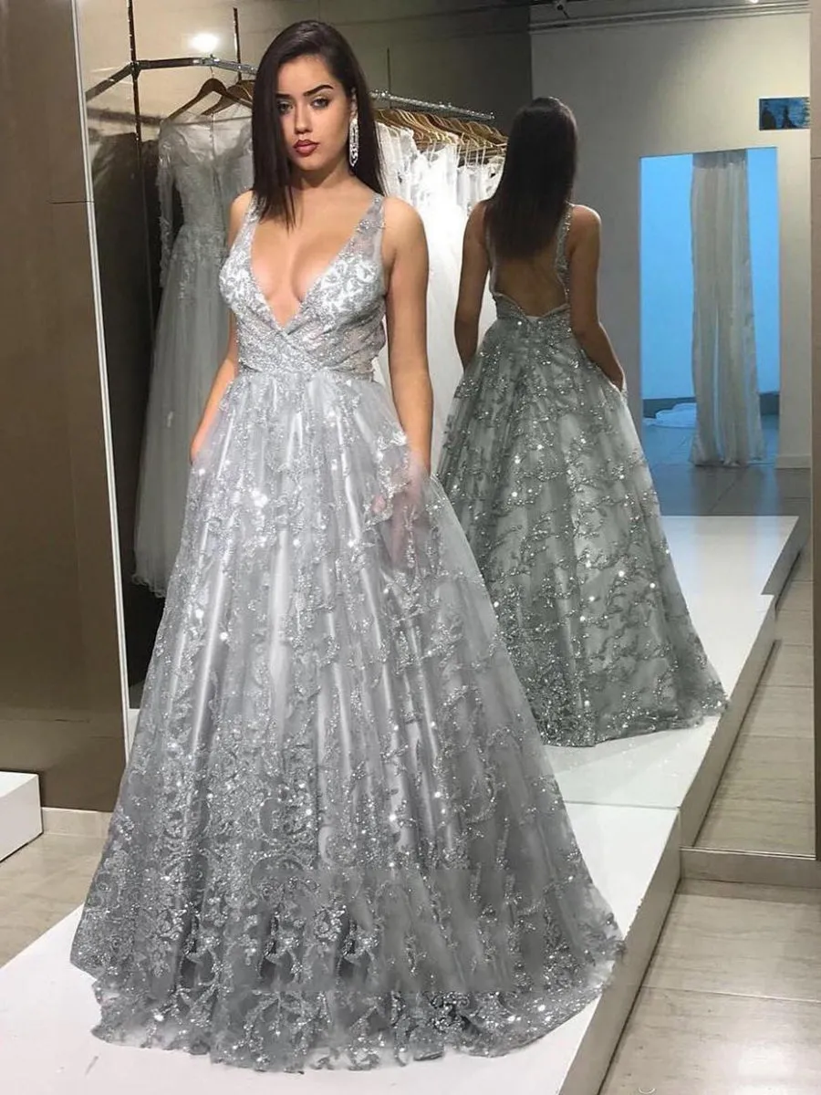 Sexy V Neck Backless Long Silver Grey Lace Prom, Silver Grey Lace Formal, Silver Grey Evening