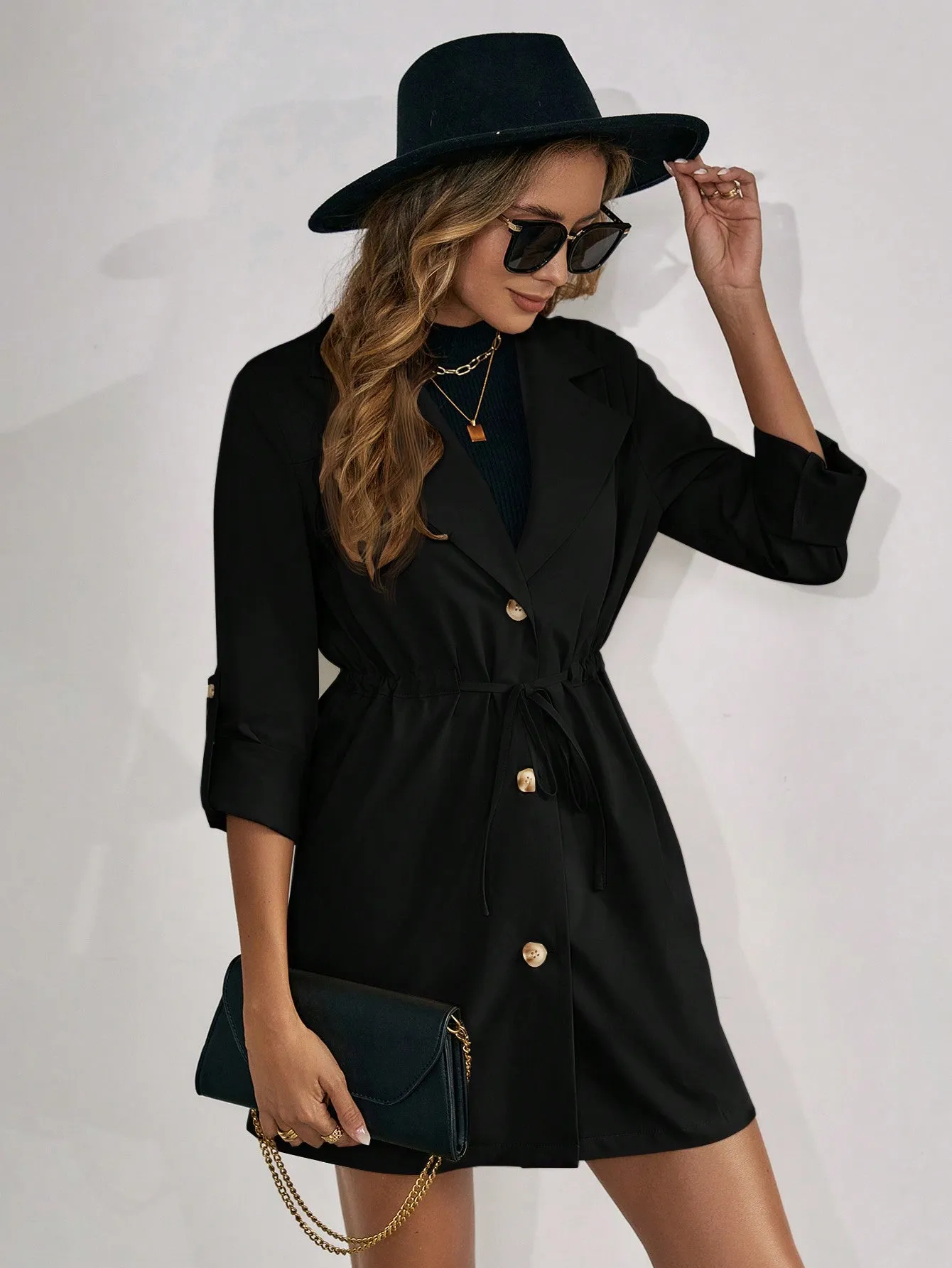 SHEIN Clasi Roll Tab Sleeve Drawstring Waist Button Front Coat