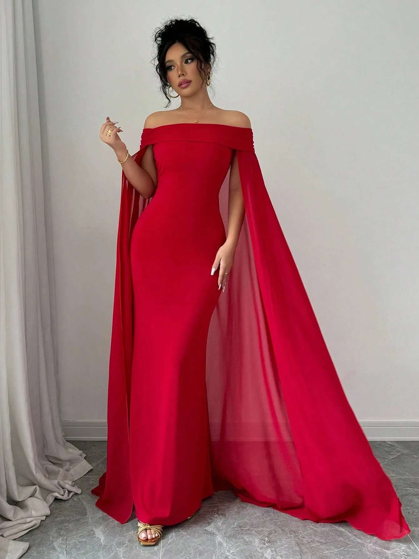 SHEIN Privé Christmas Red Elegant Sexy Off Shoulder Cinched Waist Mermaid Dress