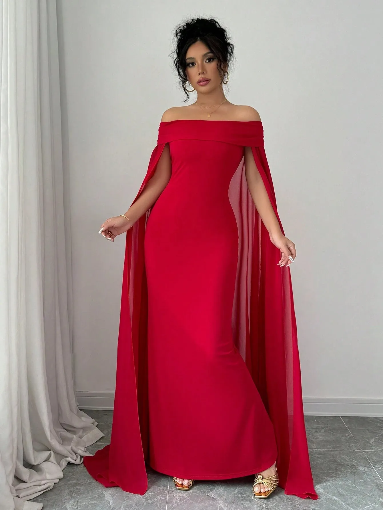 SHEIN Privé Christmas Red Elegant Sexy Off Shoulder Cinched Waist Mermaid Dress