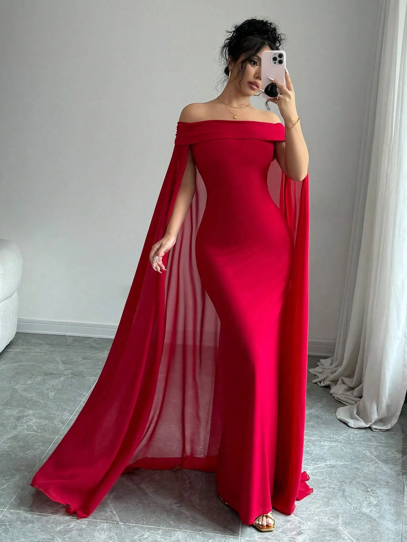 SHEIN Privé Christmas Red Elegant Sexy Off Shoulder Cinched Waist Mermaid Dress