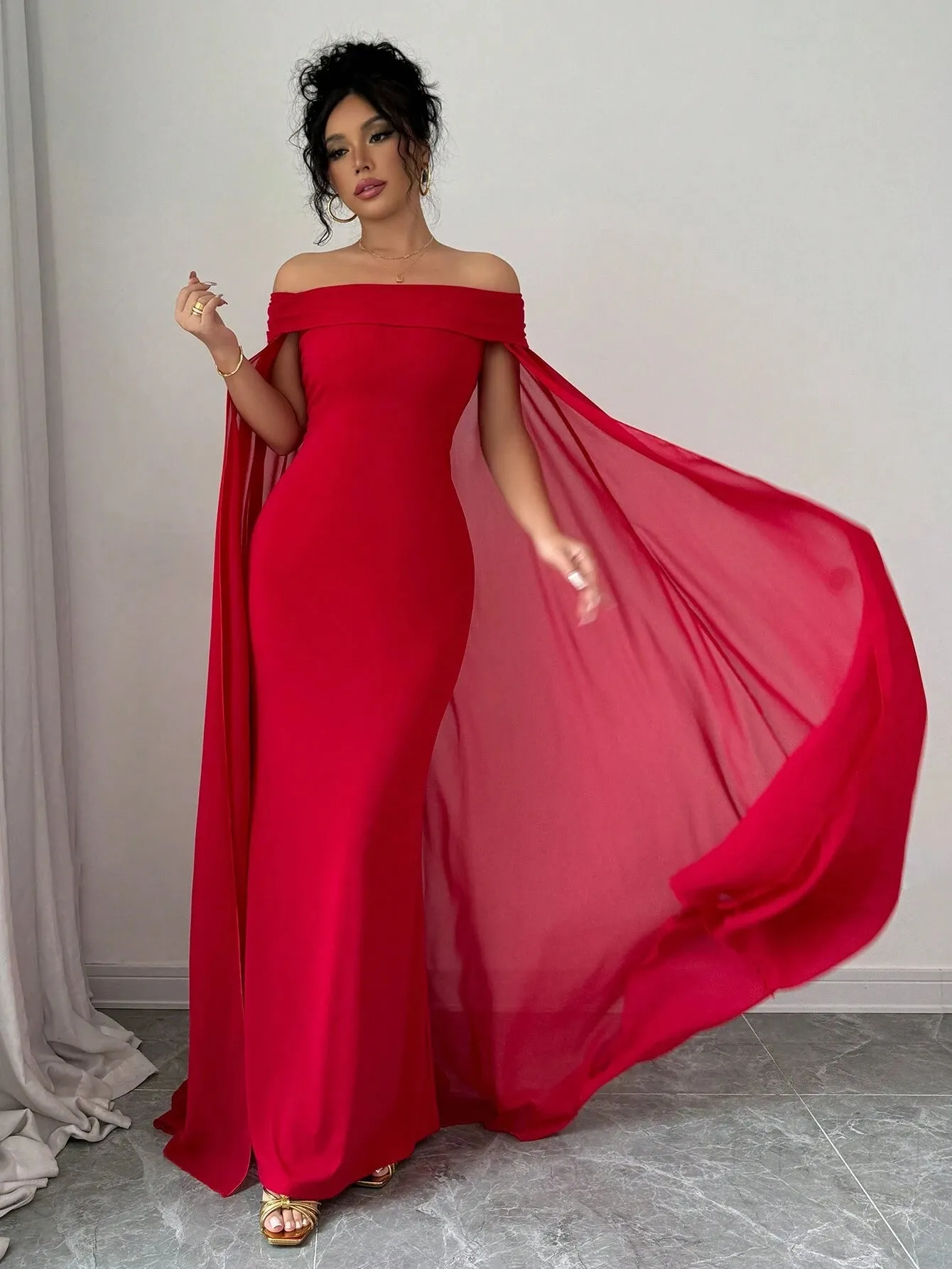 SHEIN Privé Christmas Red Elegant Sexy Off Shoulder Cinched Waist Mermaid Dress