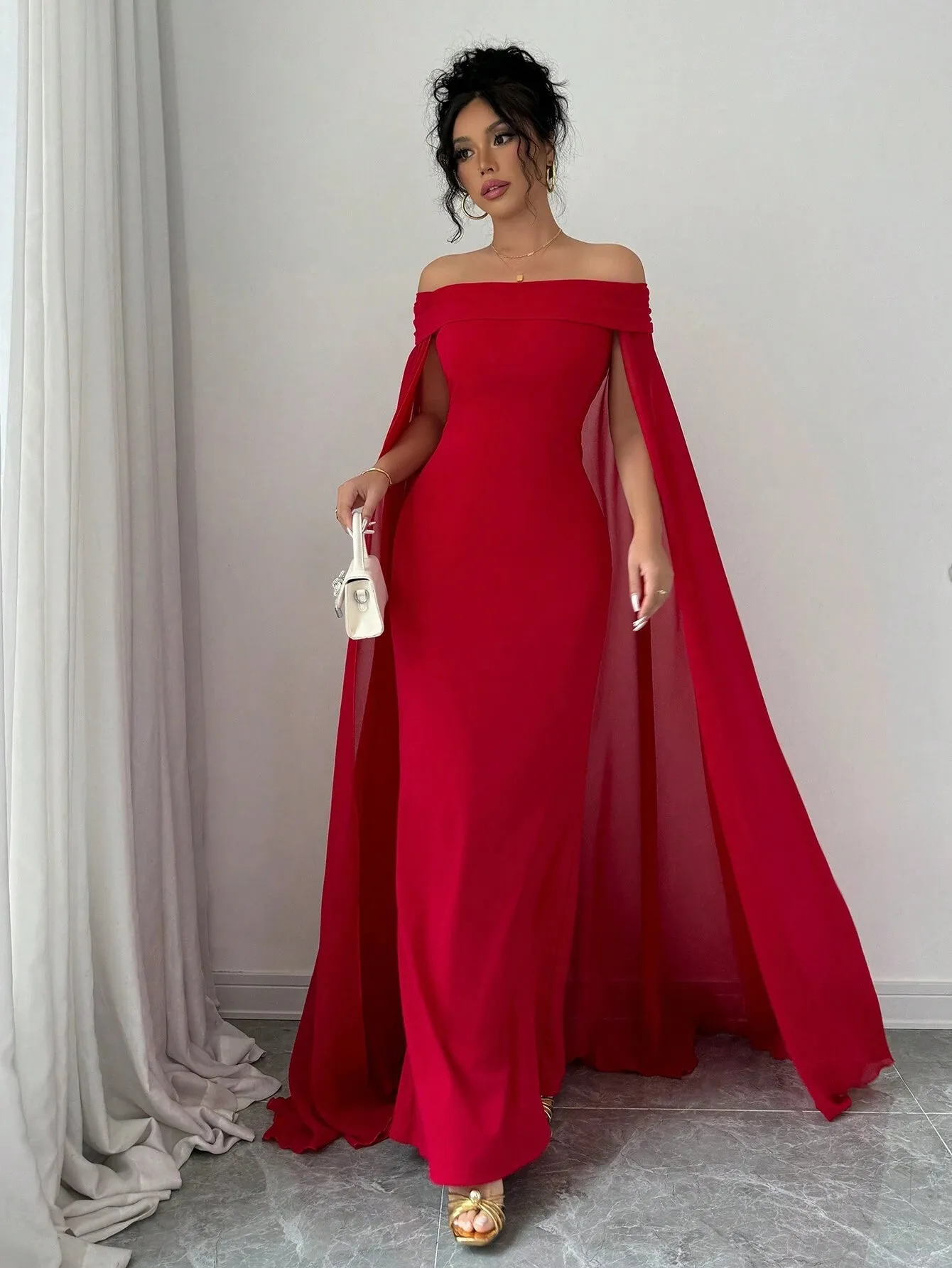 SHEIN Privé Christmas Red Elegant Sexy Off Shoulder Cinched Waist Mermaid Dress