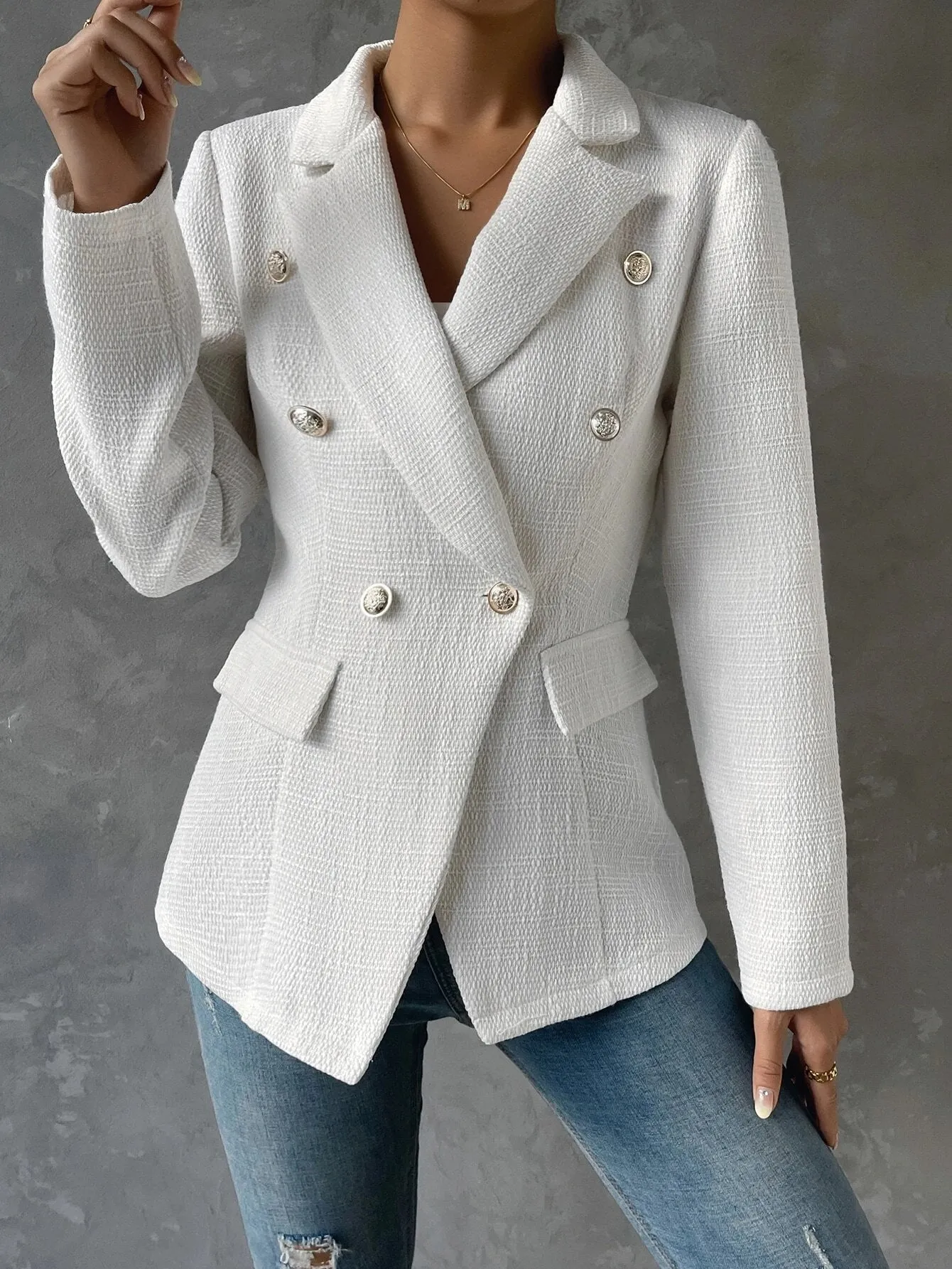 SHEIN Privé Double Breasted Flap Detail Blazer Without Belt