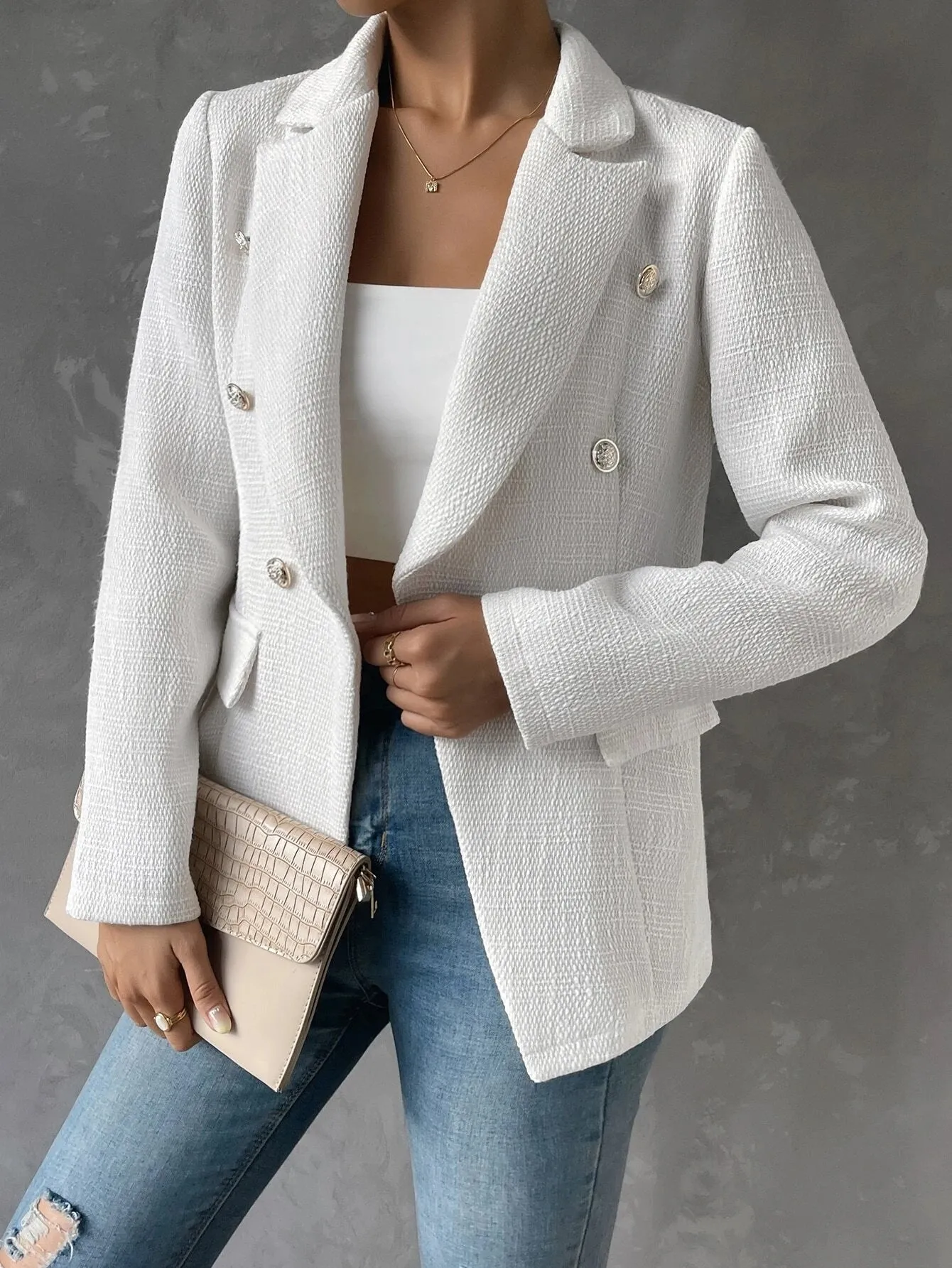 SHEIN Privé Double Breasted Flap Detail Blazer Without Belt