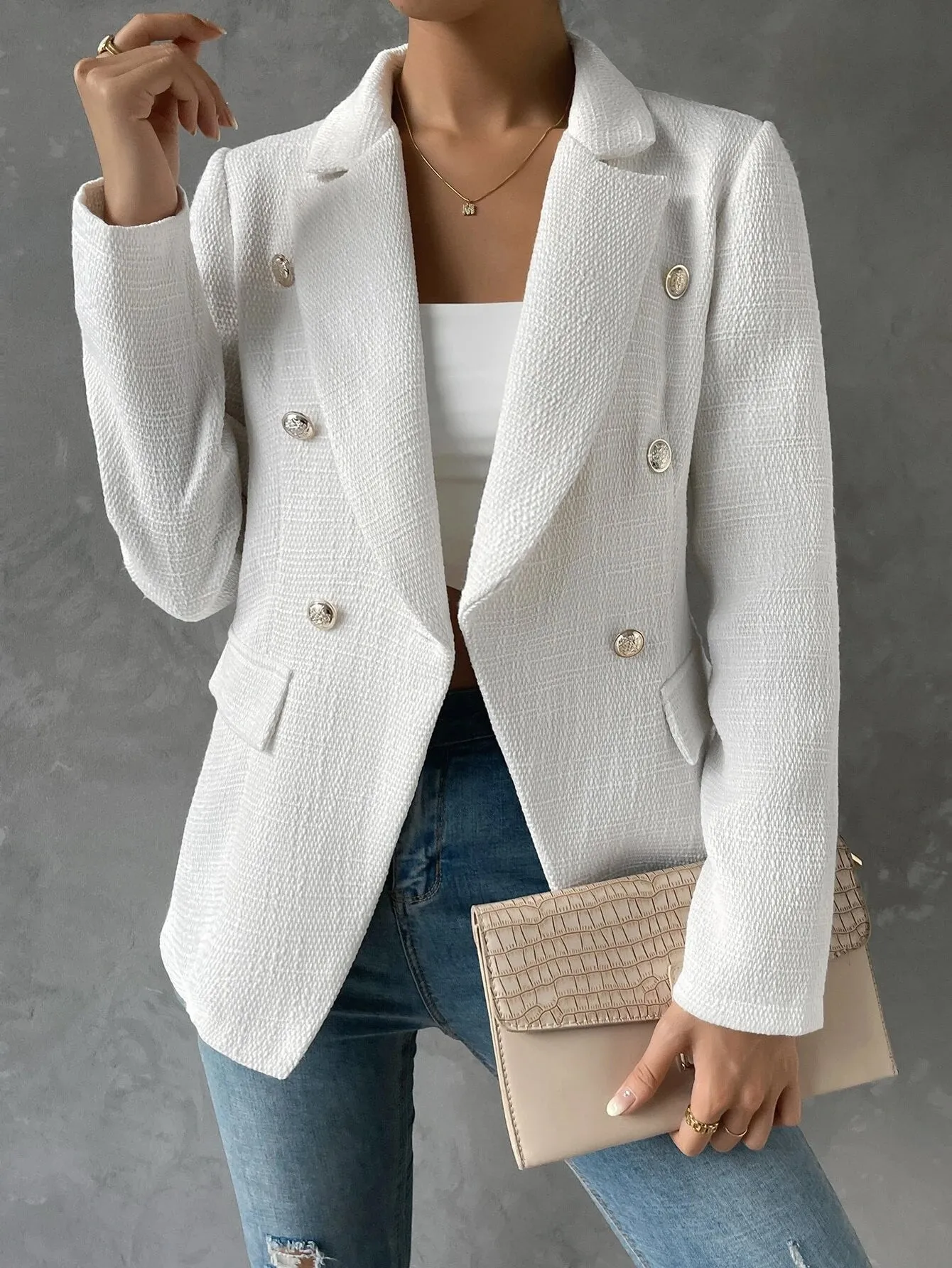 SHEIN Privé Double Breasted Flap Detail Blazer Without Belt