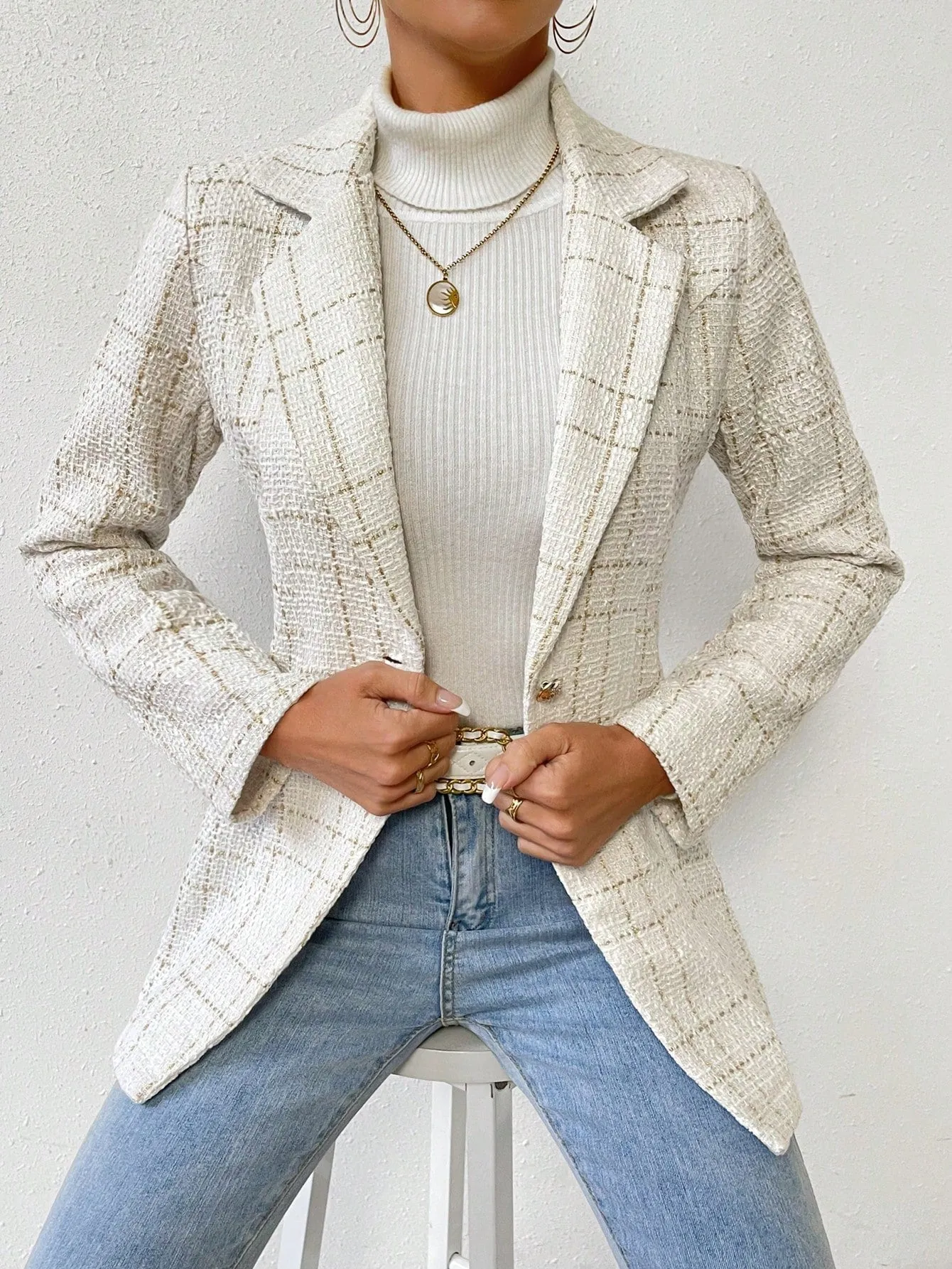 SHEIN Priv̩ Plaid Pattern Lapel Neck Single Button Tweed Blazer