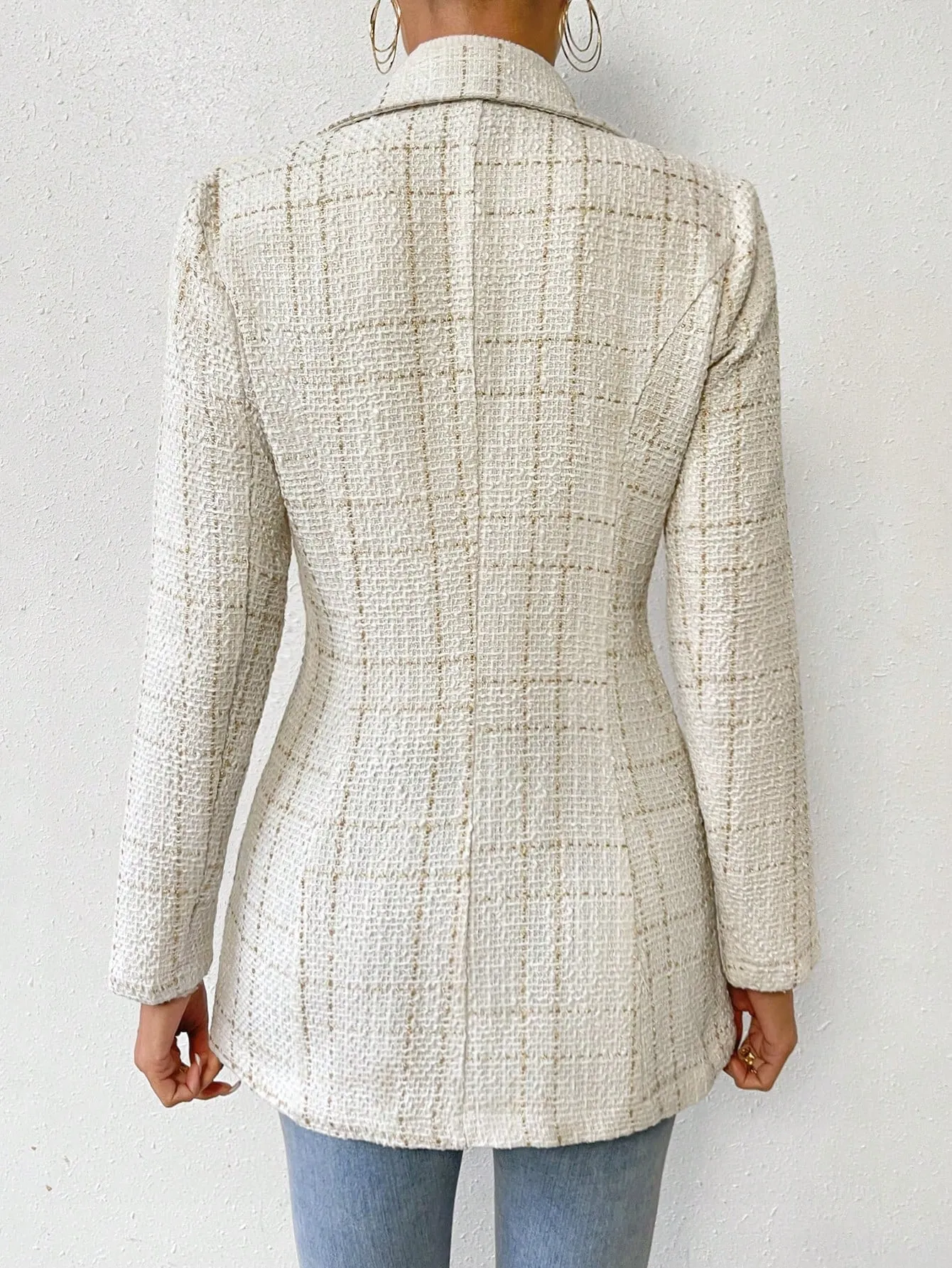 SHEIN Priv̩ Plaid Pattern Lapel Neck Single Button Tweed Blazer