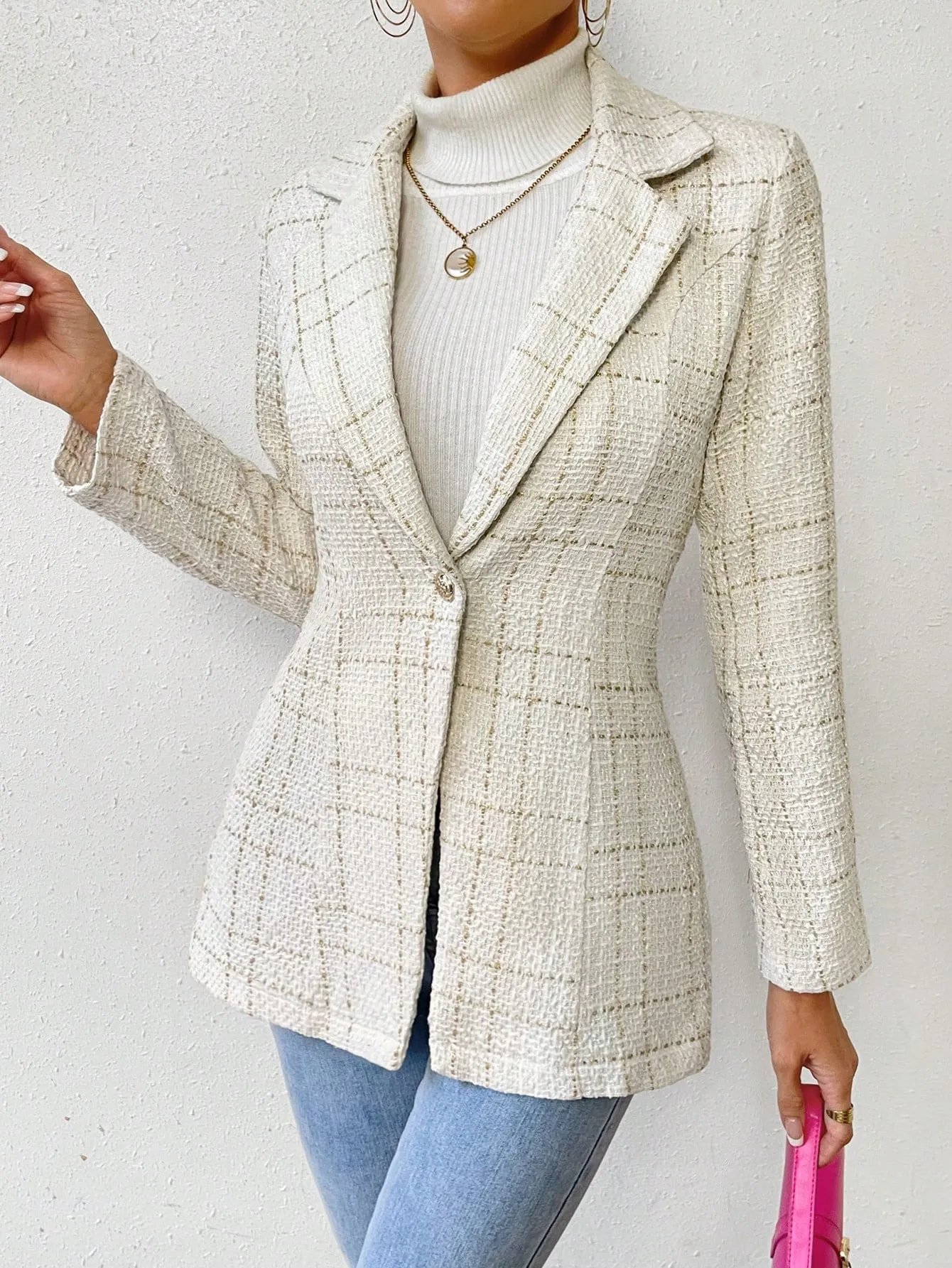 SHEIN Priv̩ Plaid Pattern Lapel Neck Single Button Tweed Blazer