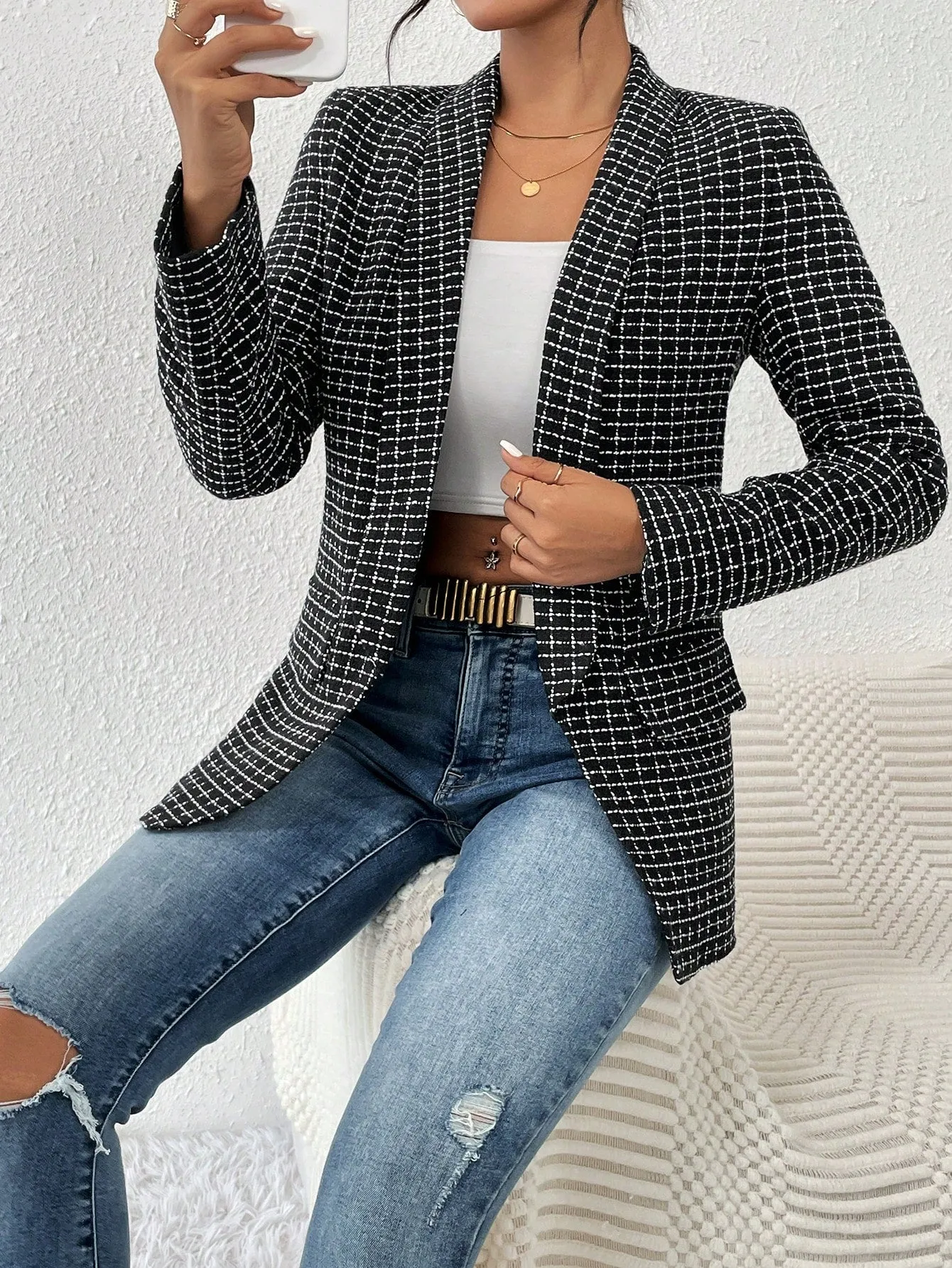 SHEIN Priv̩ Plaid Print Shawl Collar Blazer