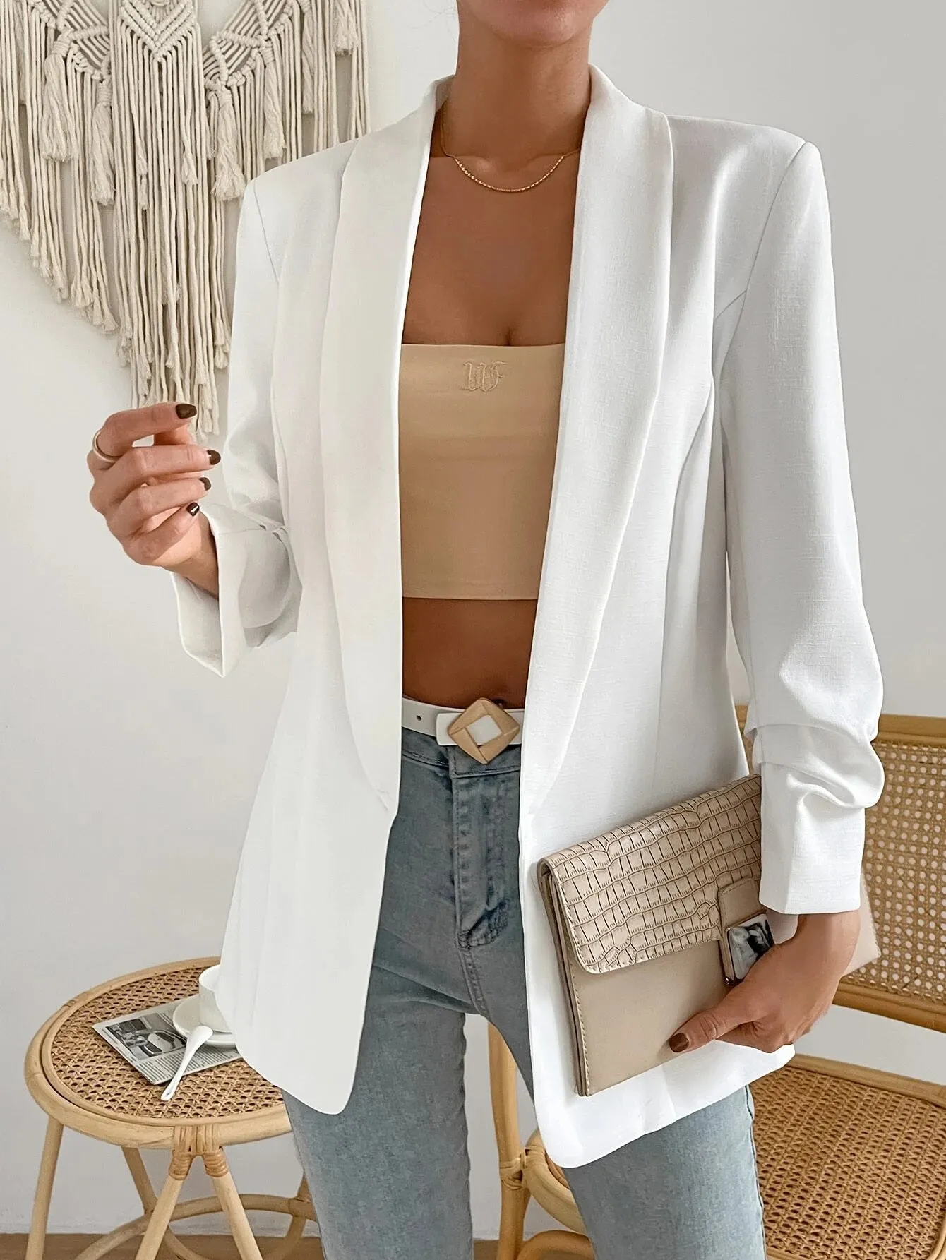 SHEIN Shawl Collar Ruched Detail Open Front Blazer