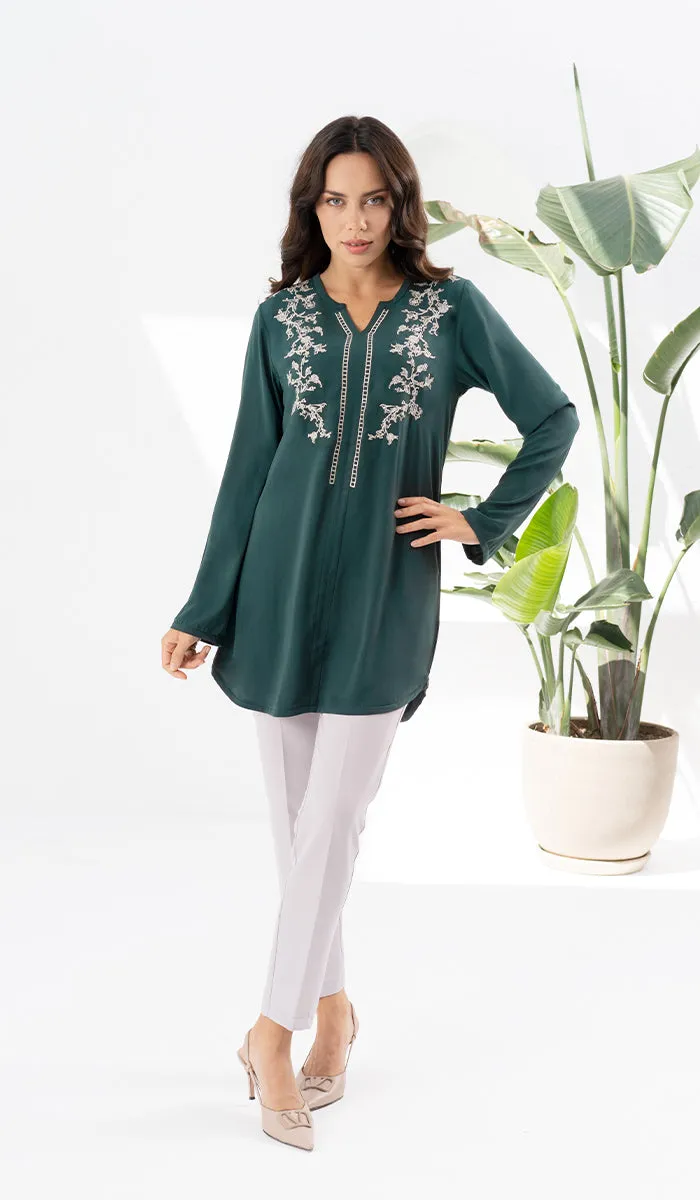 Shermin Embroidered Long Modest Tunic - Forest