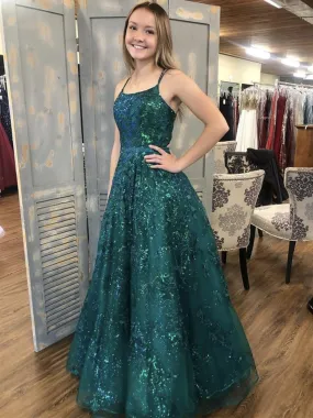 Shiny Sequins Green Lace Long Prom, Green Lace Formal, Sparkly Green Evening