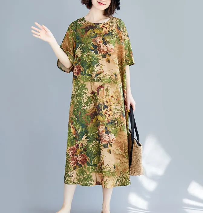 Short Sleeve Floral Plus Size Loose Style Summer Women Dresses