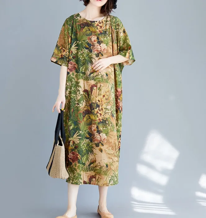 Short Sleeve Floral Plus Size Loose Style Summer Women Dresses