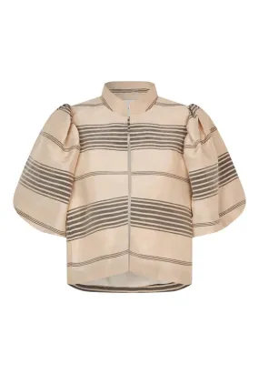 Silk and Linen Jacket with volume sleeves in Beige with Charcoal Stripes