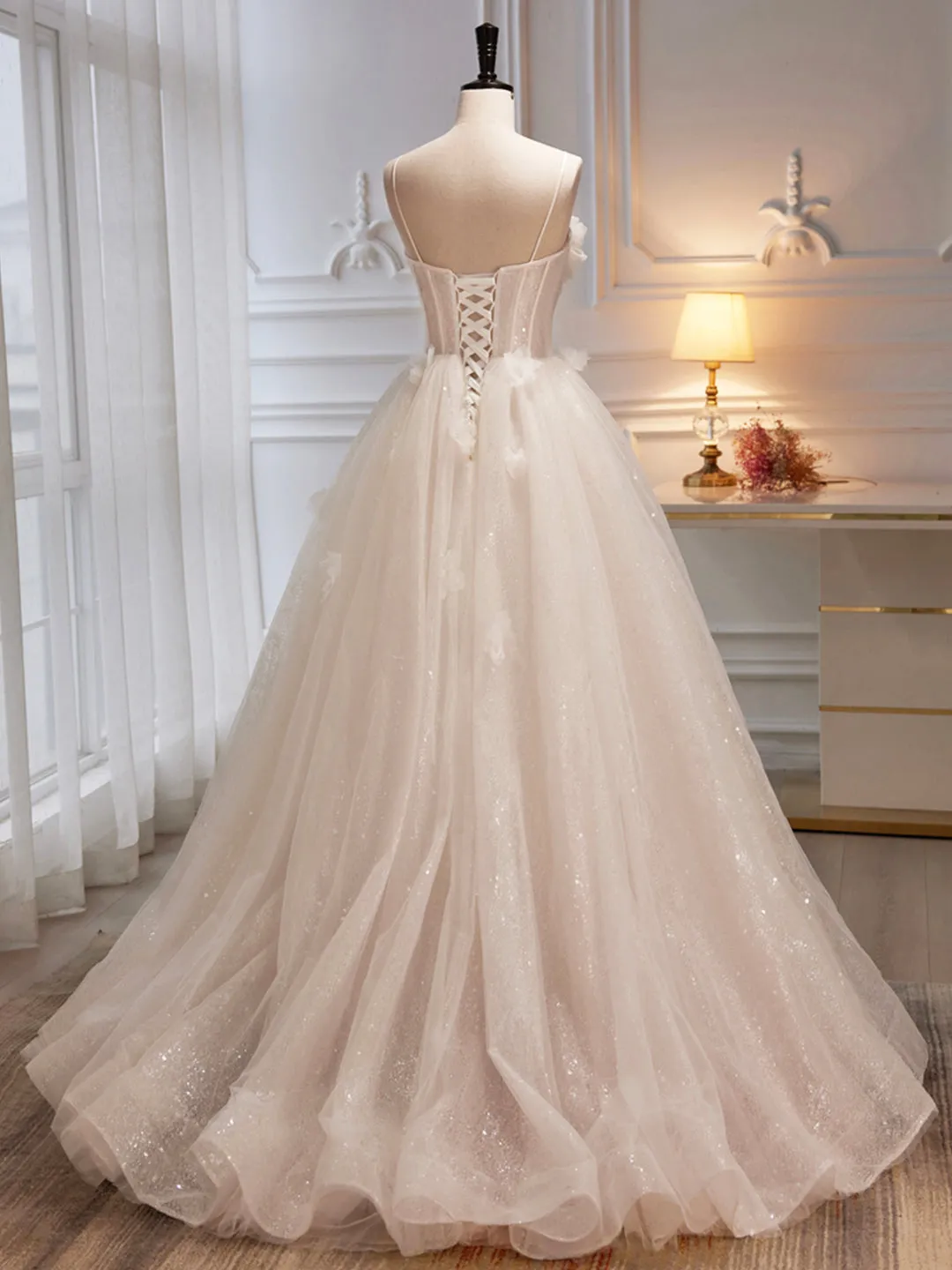 Spaghetti Strap Tulle Champagne Long Prom Dress Champagne Evening Party Dress