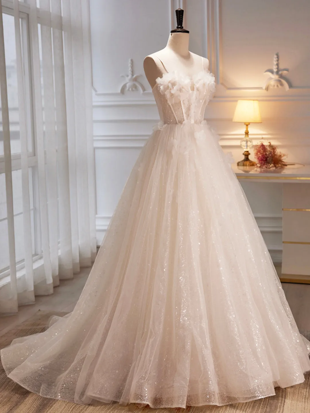 Spaghetti Strap Tulle Champagne Long Prom Dress Champagne Evening Party Dress