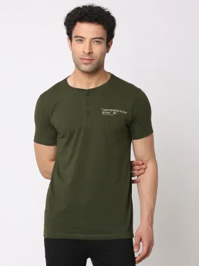 Spykar Men Rifle Green Cotton Slim Fit Henley Neck Plain T-Shirt