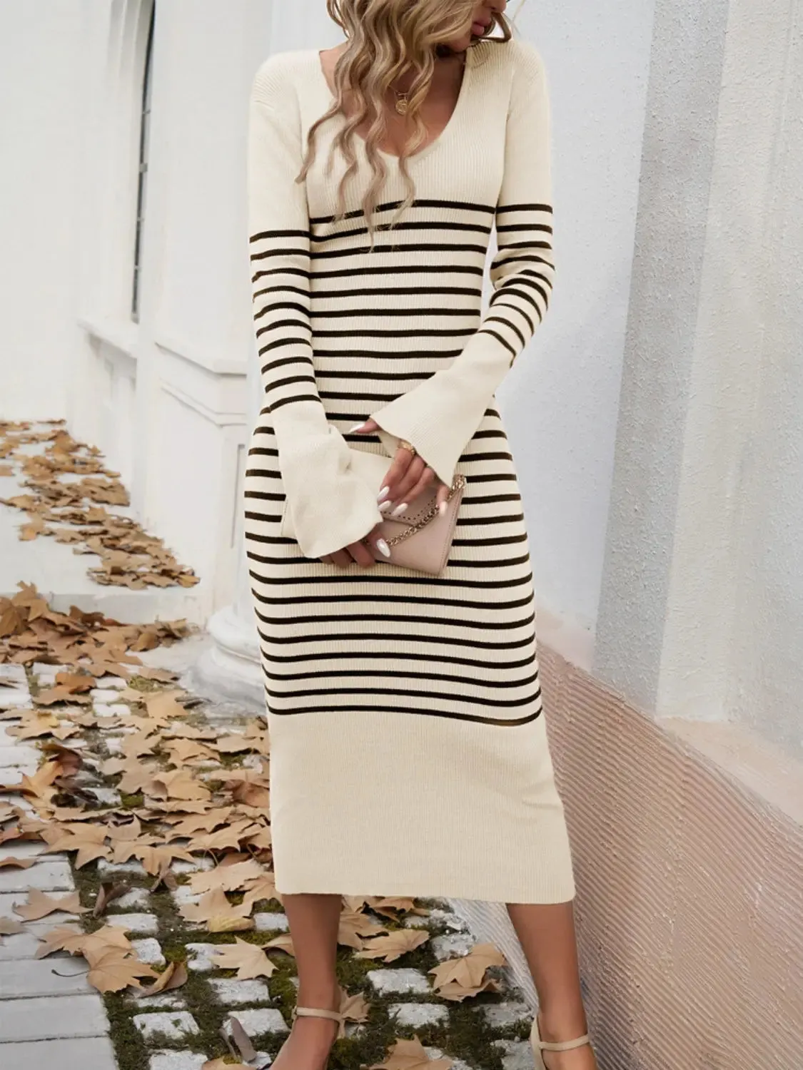 Striped Long Sleeve  V-Neck  Sweater Dress