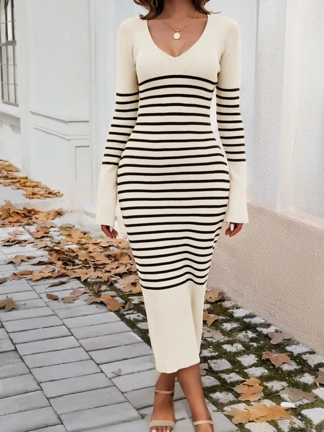 Striped Long Sleeve  V-Neck  Sweater Dress