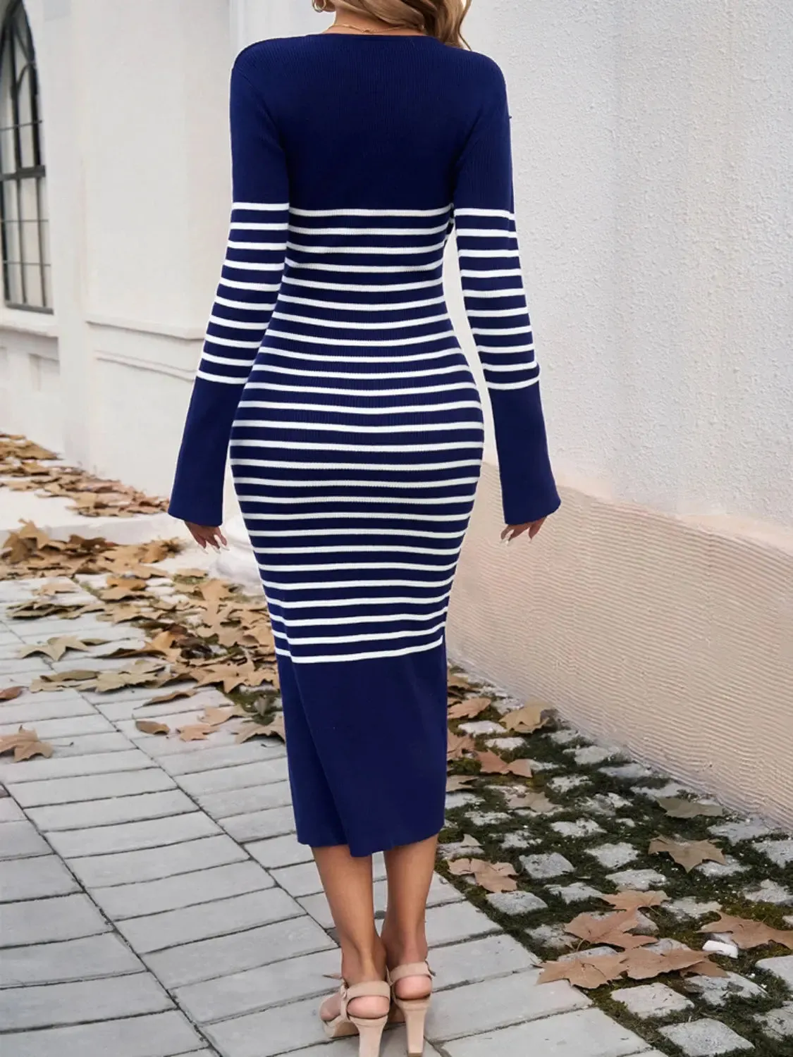 Striped Long Sleeve  V-Neck  Sweater Dress