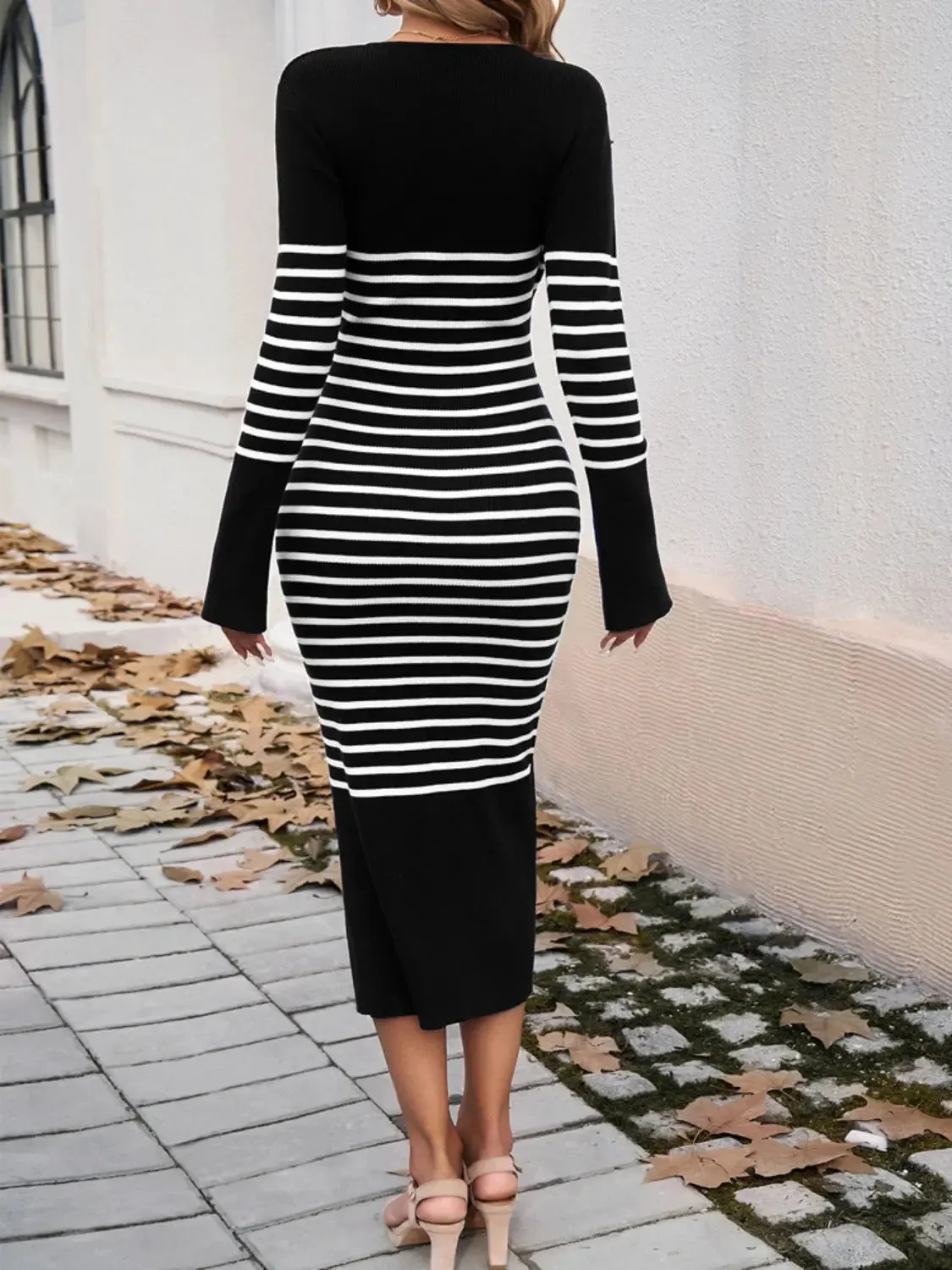 Striped Long Sleeve  V-Neck  Sweater Dress