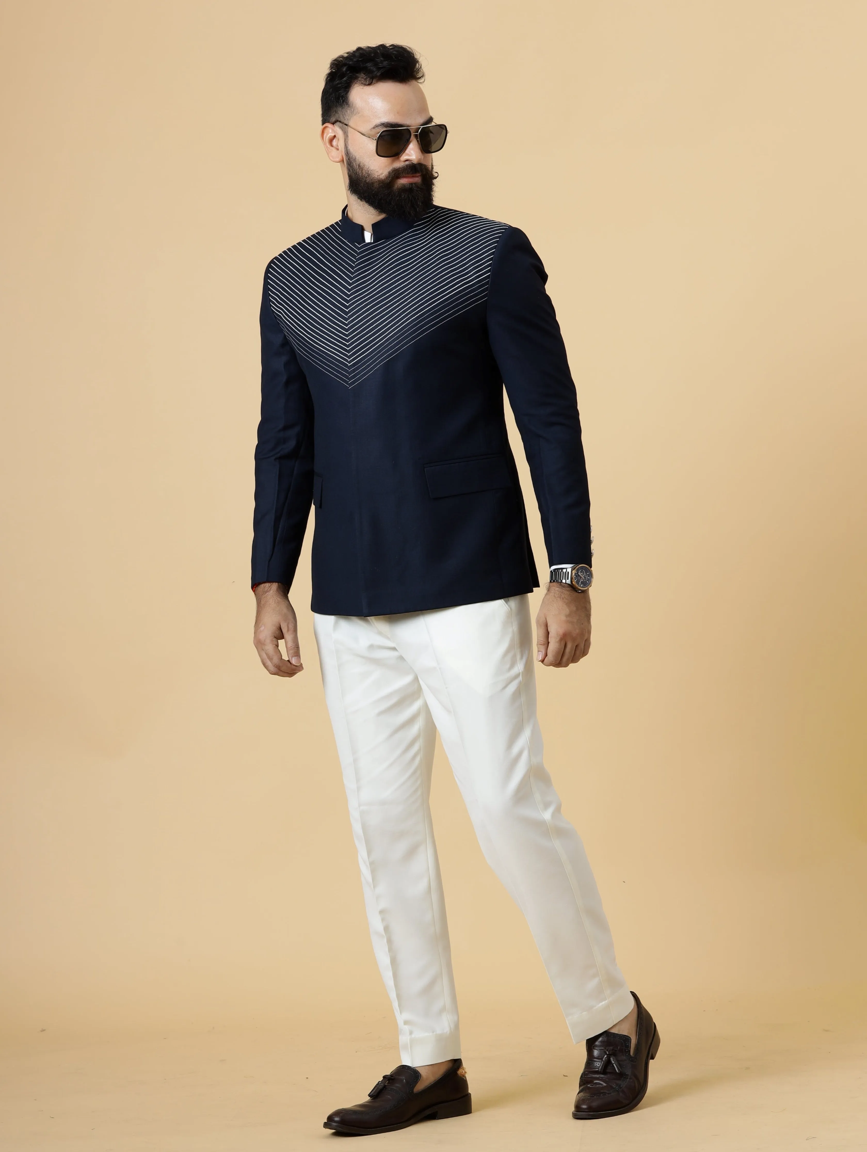 Stunning Line thread embroidered Navy Blue Jodhpuri Bandhgala with White Trouser