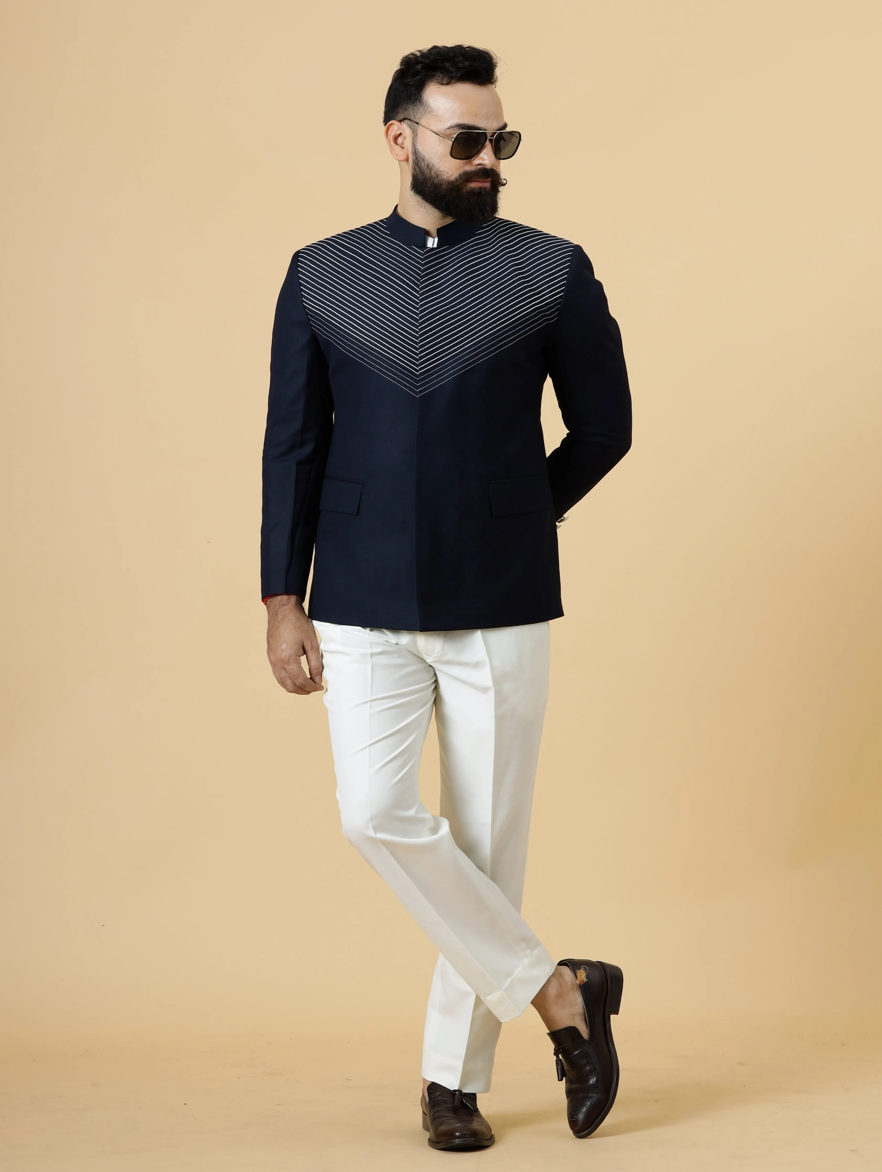 Stunning Line thread embroidered Navy Blue Jodhpuri Bandhgala with White Trouser