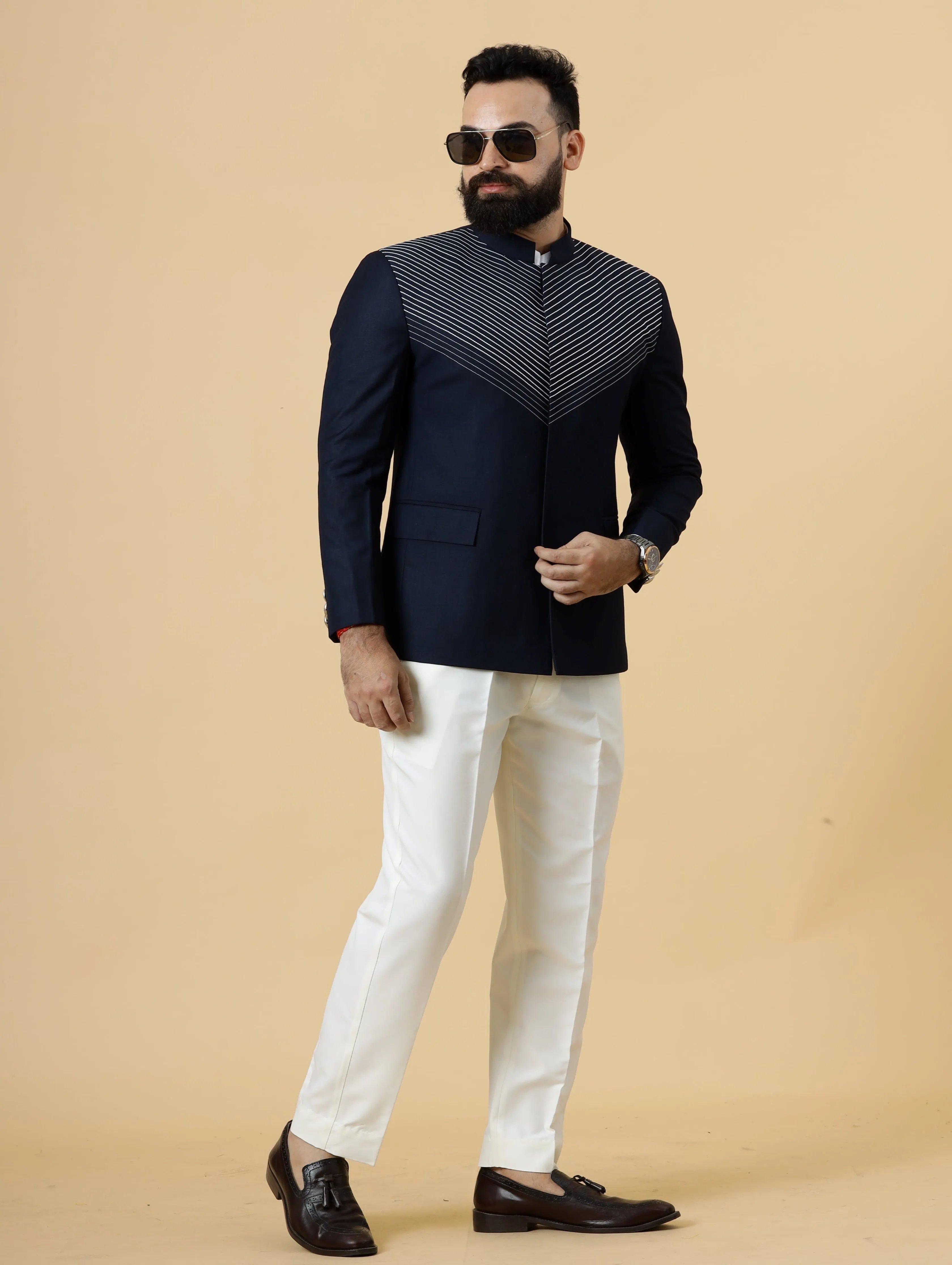 Stunning Line thread embroidered Navy Blue Jodhpuri Bandhgala with White Trouser