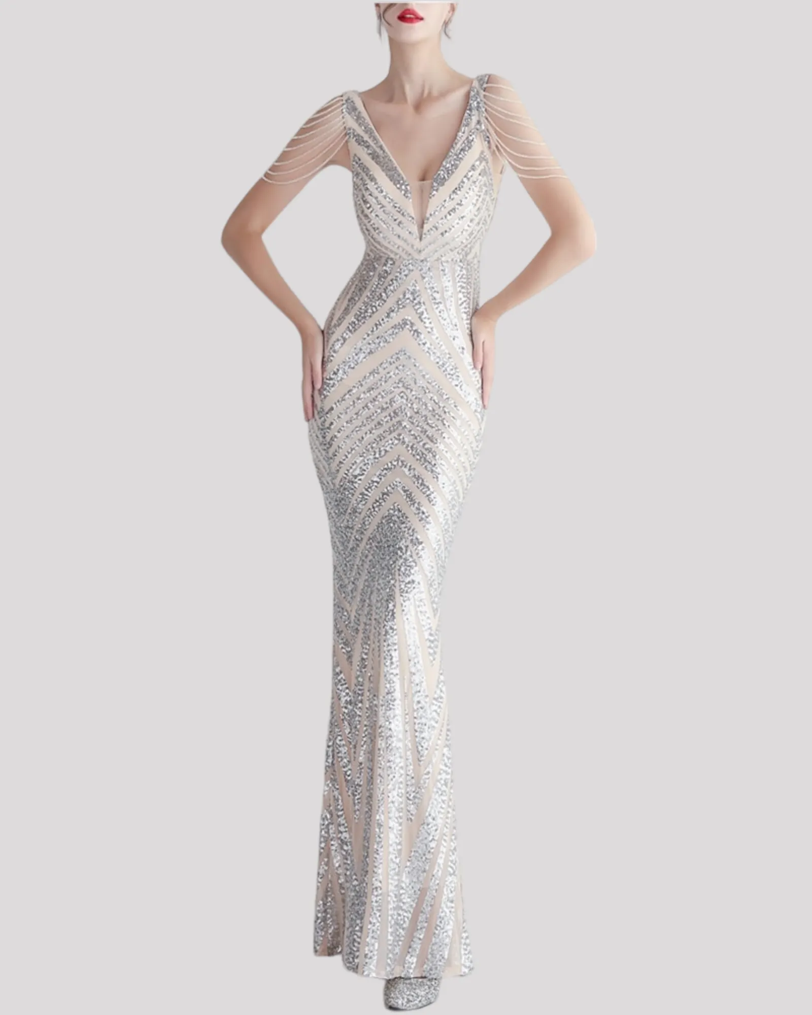 Stunning Mermaid Evening Dress with illusion cut outs and beading draping over shoulders