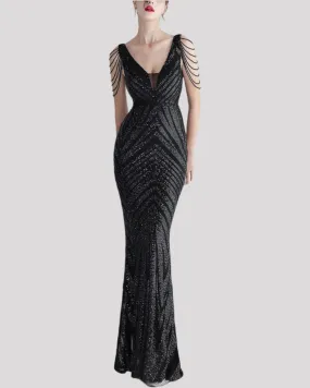 Stunning Mermaid Evening Dress with illusion cut outs and beading draping over shoulders