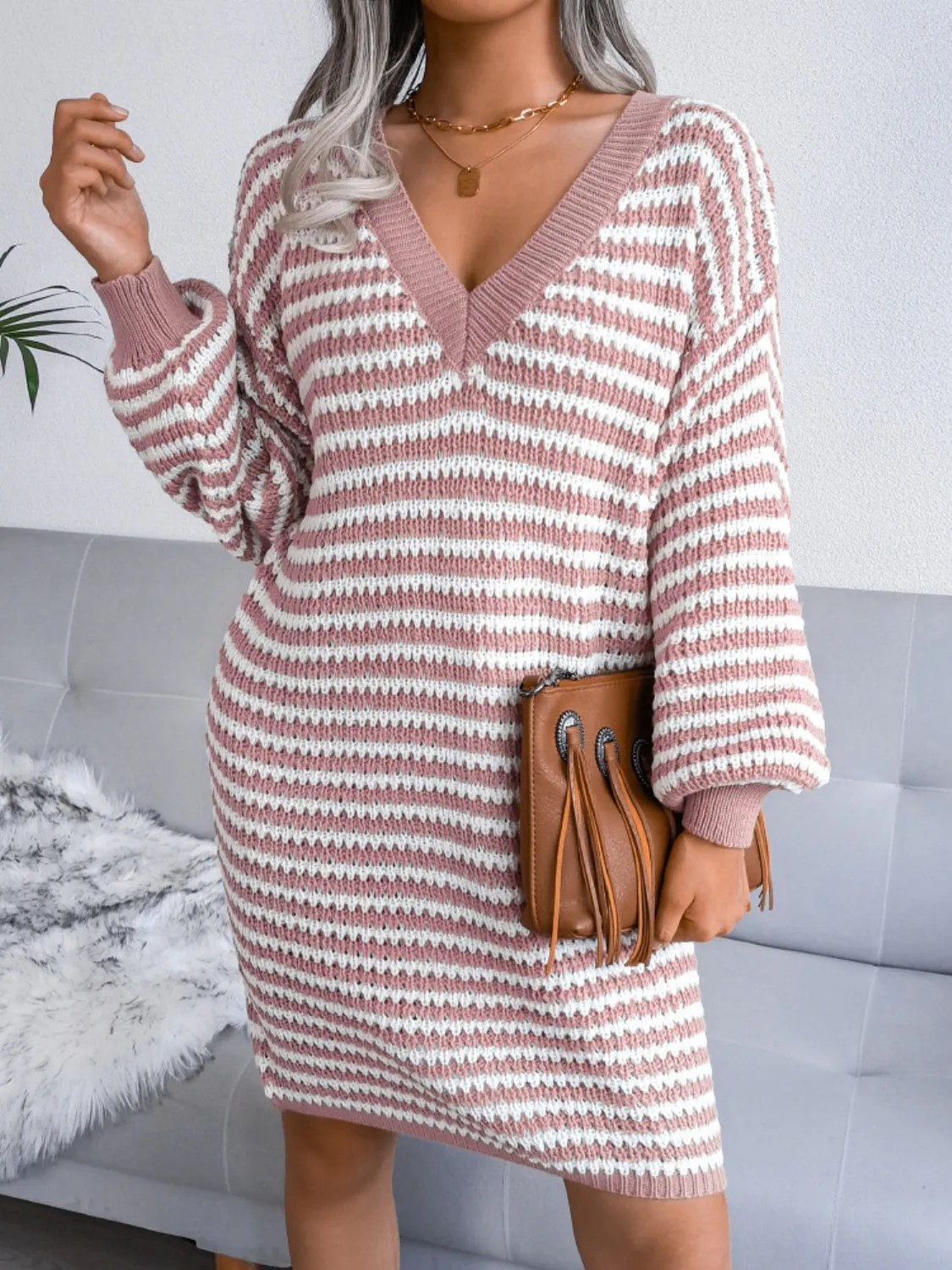 Sweater Dress Striped V-Neck Long Sleeve Mini Women Long Sleeve