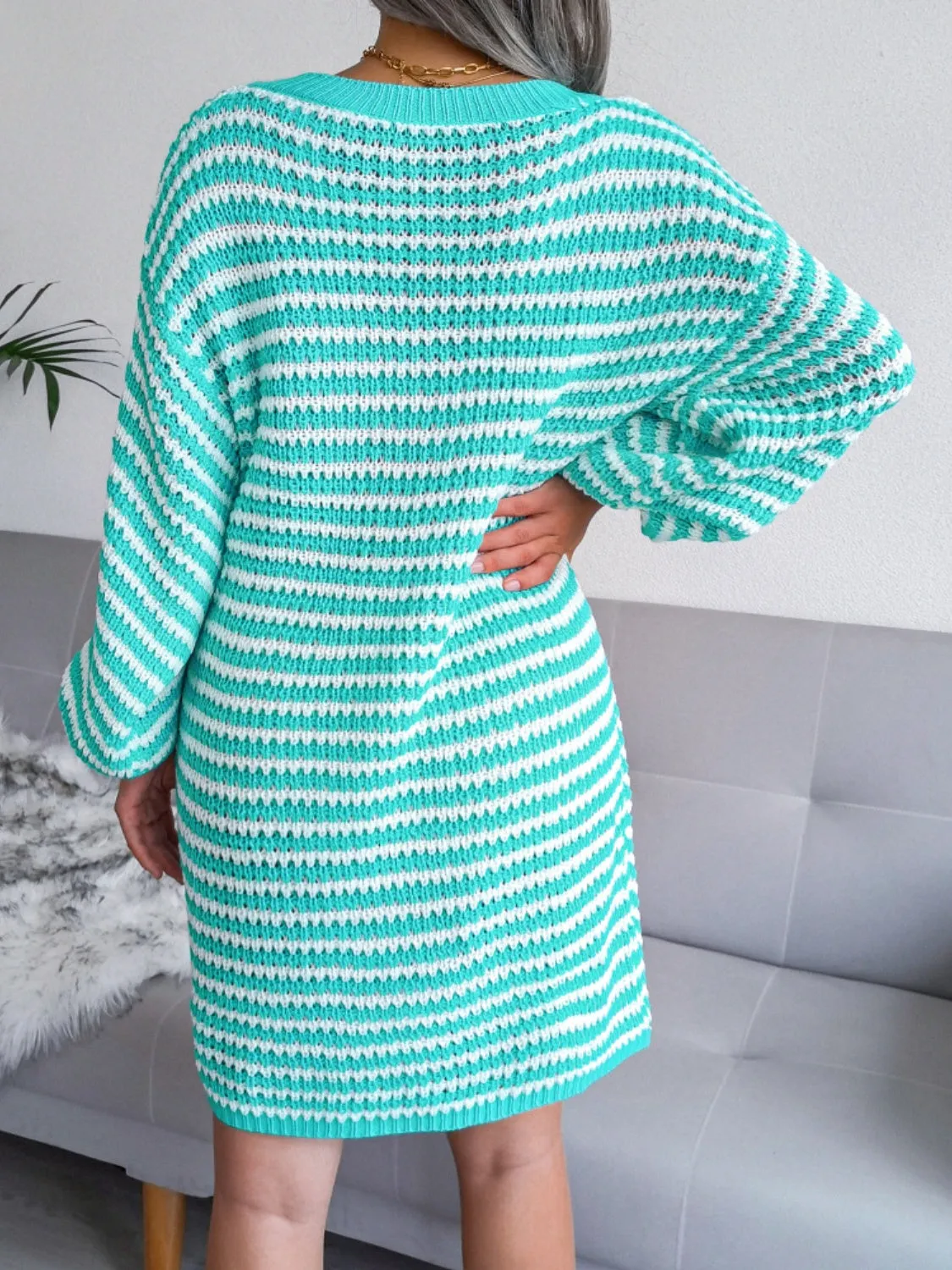 Sweater Dress Striped V-Neck Long Sleeve Mini Women Long Sleeve