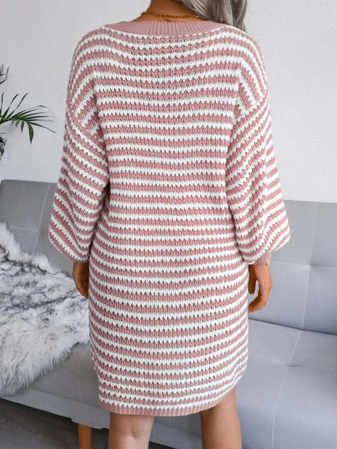 Sweater Dress Striped V-Neck Long Sleeve Mini Women Long Sleeve