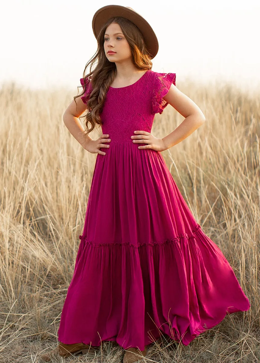 Talia - Girls Long Lace Boho Dress, Garnet Red