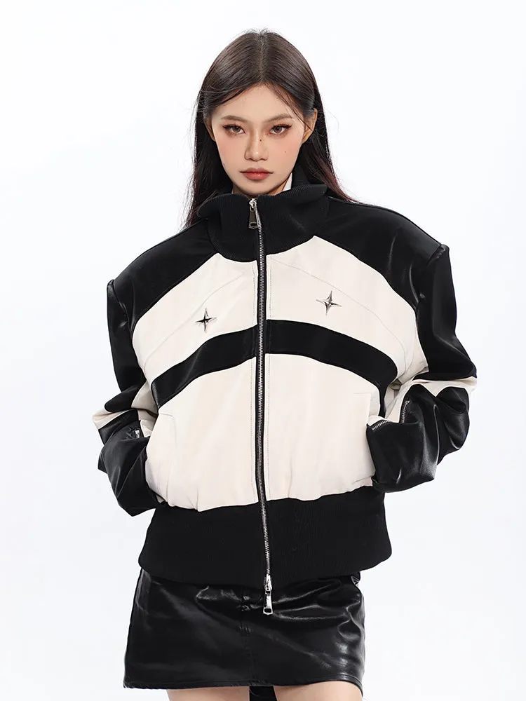 Tanya Contrast Color Zip Up Long Sleeve Turtleneck Patchwork Silver Reflective Jacket