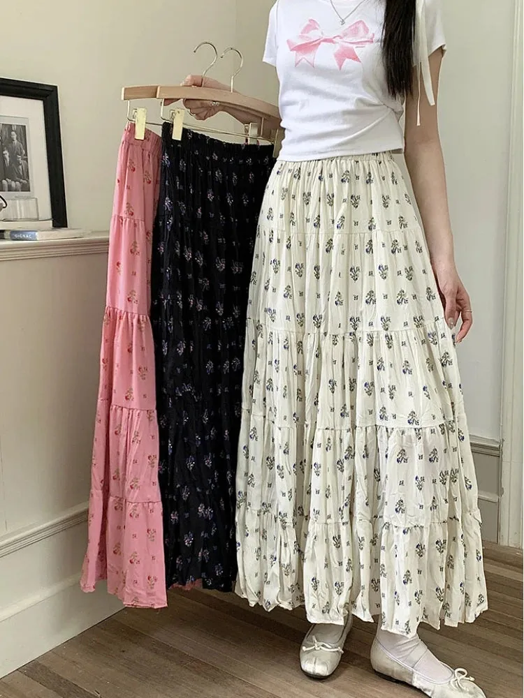 TAVIMART  -  Print Floral Summer Pleated Skirt Women Mori Girl Style Casual High Waisted Ruffle Midi Long Skirts falda plisada