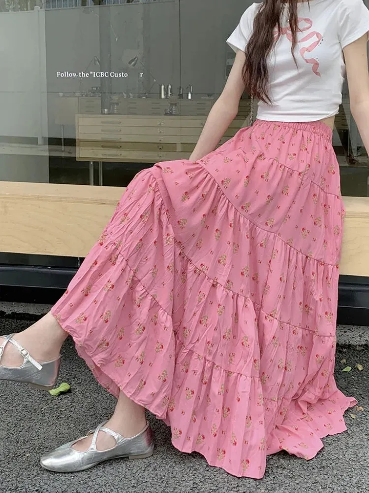 TAVIMART  -  Print Floral Summer Pleated Skirt Women Mori Girl Style Casual High Waisted Ruffle Midi Long Skirts falda plisada