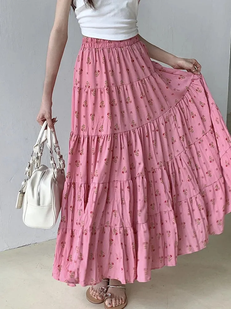 TAVIMART  -  Print Floral Summer Pleated Skirt Women Mori Girl Style Casual High Waisted Ruffle Midi Long Skirts falda plisada