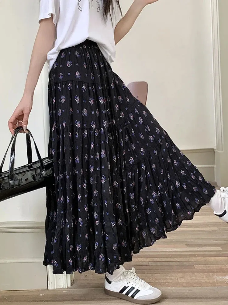 TAVIMART  -  Print Floral Summer Pleated Skirt Women Mori Girl Style Casual High Waisted Ruffle Midi Long Skirts falda plisada