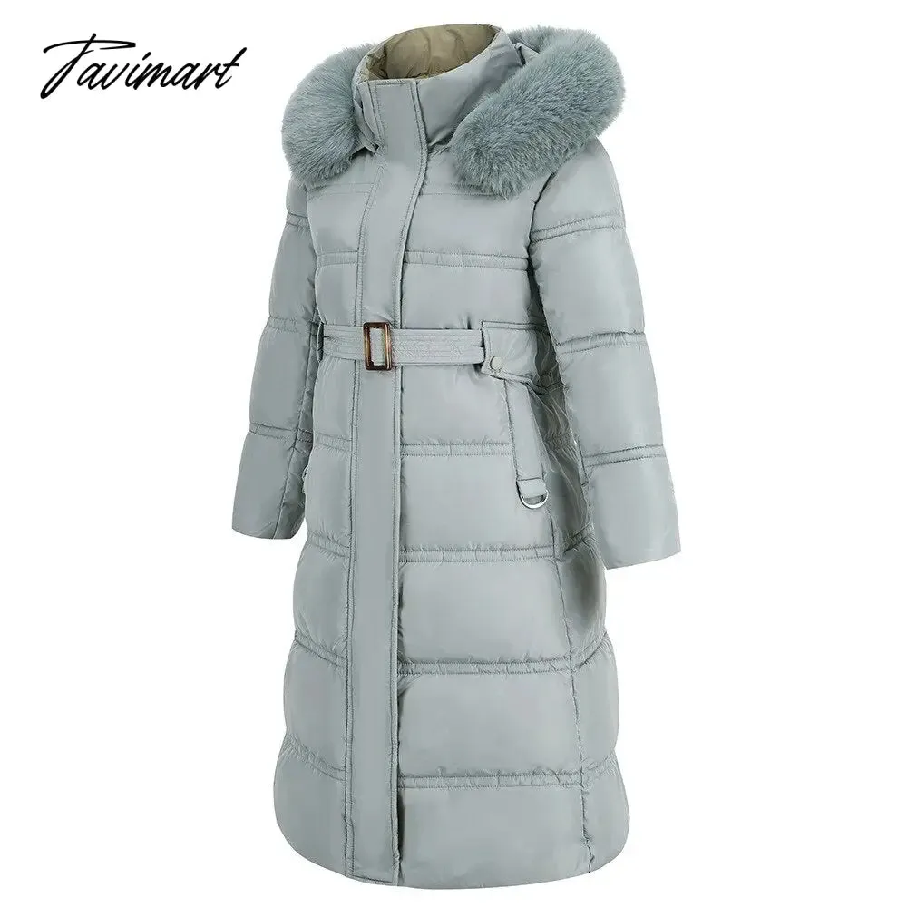 Tavimart  Winter New Mid Length Down Cotton Coat Women Hooded Fur Collar Solid Color Slim Long Coat Female Fashion Elegant Warm Coat