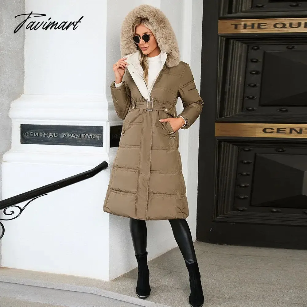 Tavimart  Winter New Mid Length Down Cotton Coat Women Hooded Fur Collar Solid Color Slim Long Coat Female Fashion Elegant Warm Coat