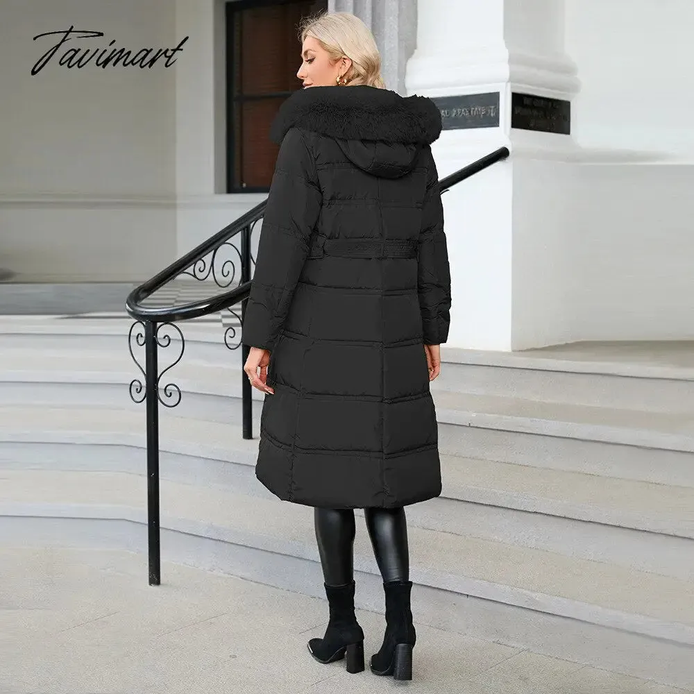 Tavimart  Winter New Mid Length Down Cotton Coat Women Hooded Fur Collar Solid Color Slim Long Coat Female Fashion Elegant Warm Coat