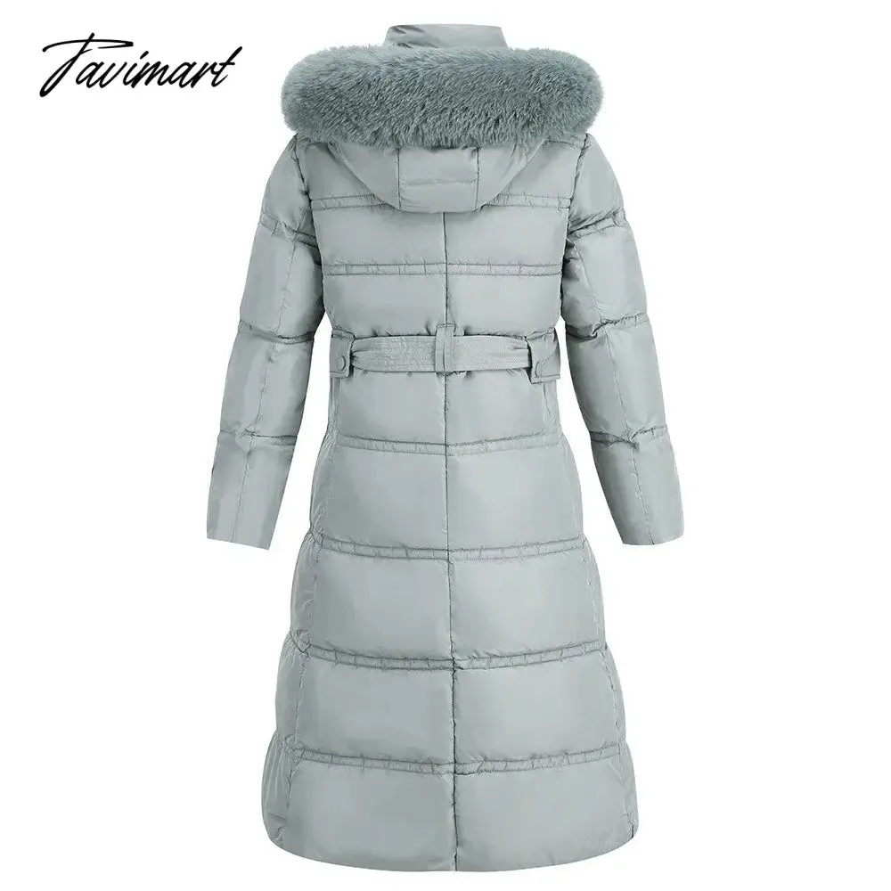 Tavimart  Winter New Mid Length Down Cotton Coat Women Hooded Fur Collar Solid Color Slim Long Coat Female Fashion Elegant Warm Coat