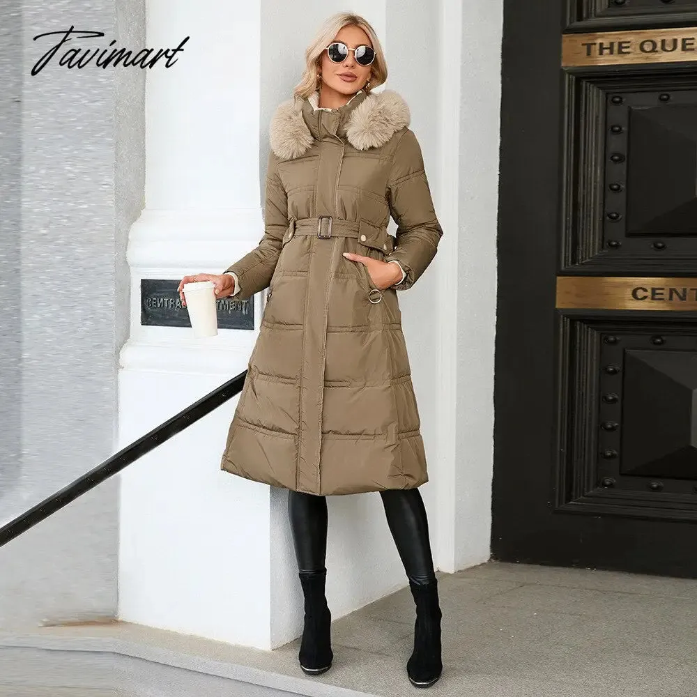 Tavimart  Winter New Mid Length Down Cotton Coat Women Hooded Fur Collar Solid Color Slim Long Coat Female Fashion Elegant Warm Coat