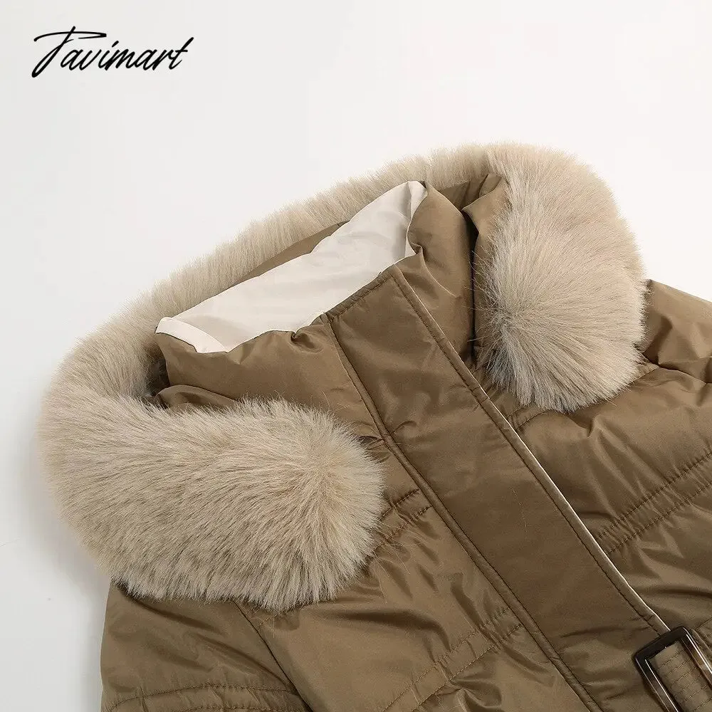 Tavimart  Winter New Mid Length Down Cotton Coat Women Hooded Fur Collar Solid Color Slim Long Coat Female Fashion Elegant Warm Coat