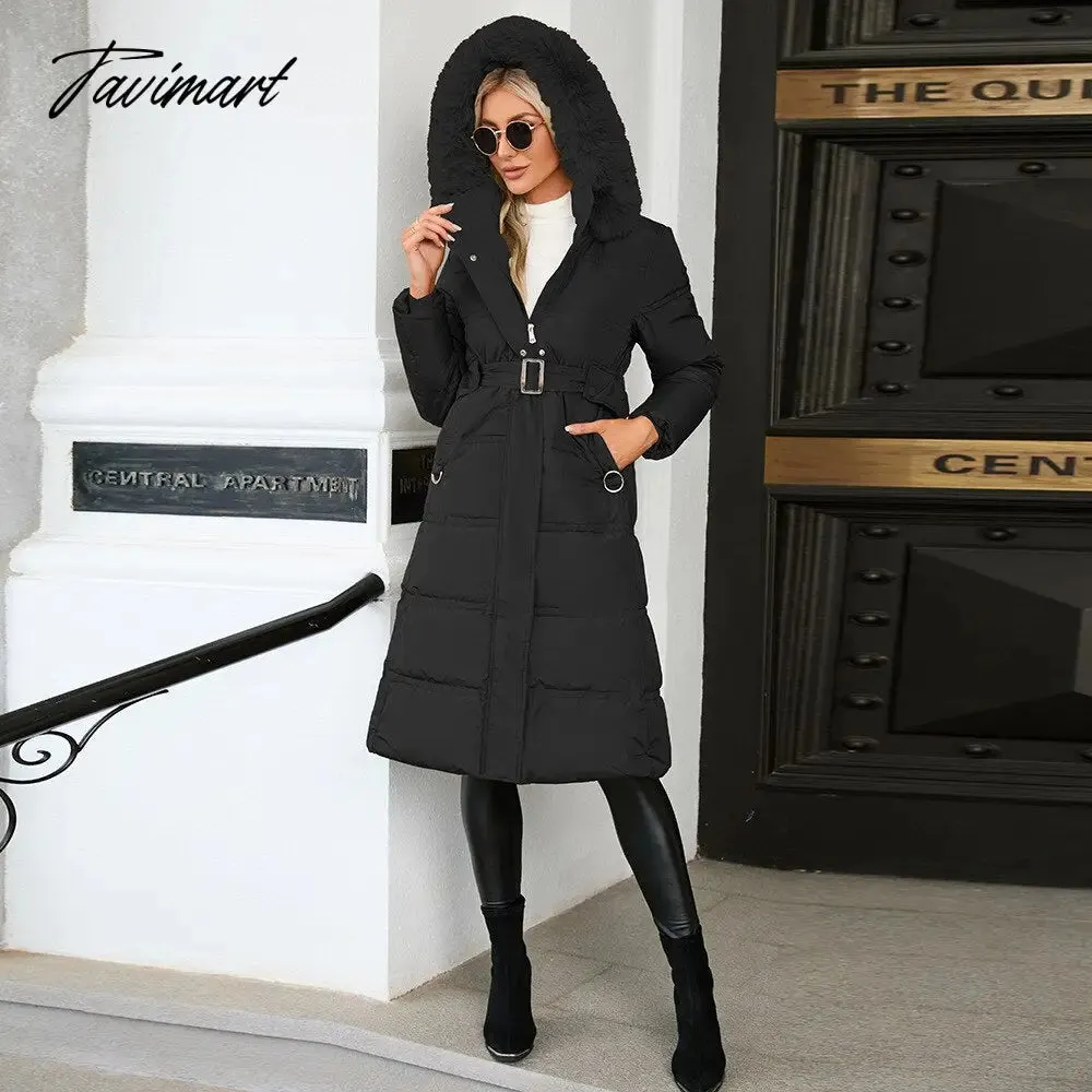 Tavimart  Winter New Mid Length Down Cotton Coat Women Hooded Fur Collar Solid Color Slim Long Coat Female Fashion Elegant Warm Coat